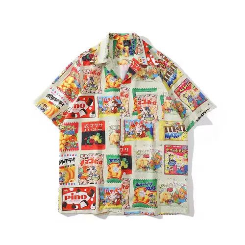 image of Vintage Streetwear Snack Print Button Up Short Sleeve, Men's (Size XL)