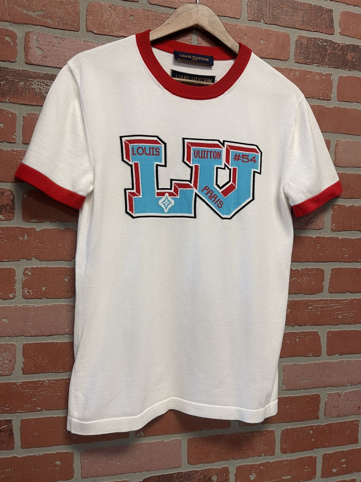 Louis Vuitton Size S - Louis Vuitton White & Blue Logo Intarsia T-Shirt Size US S / EU 44-46 / 1 - 2 Thumbnail