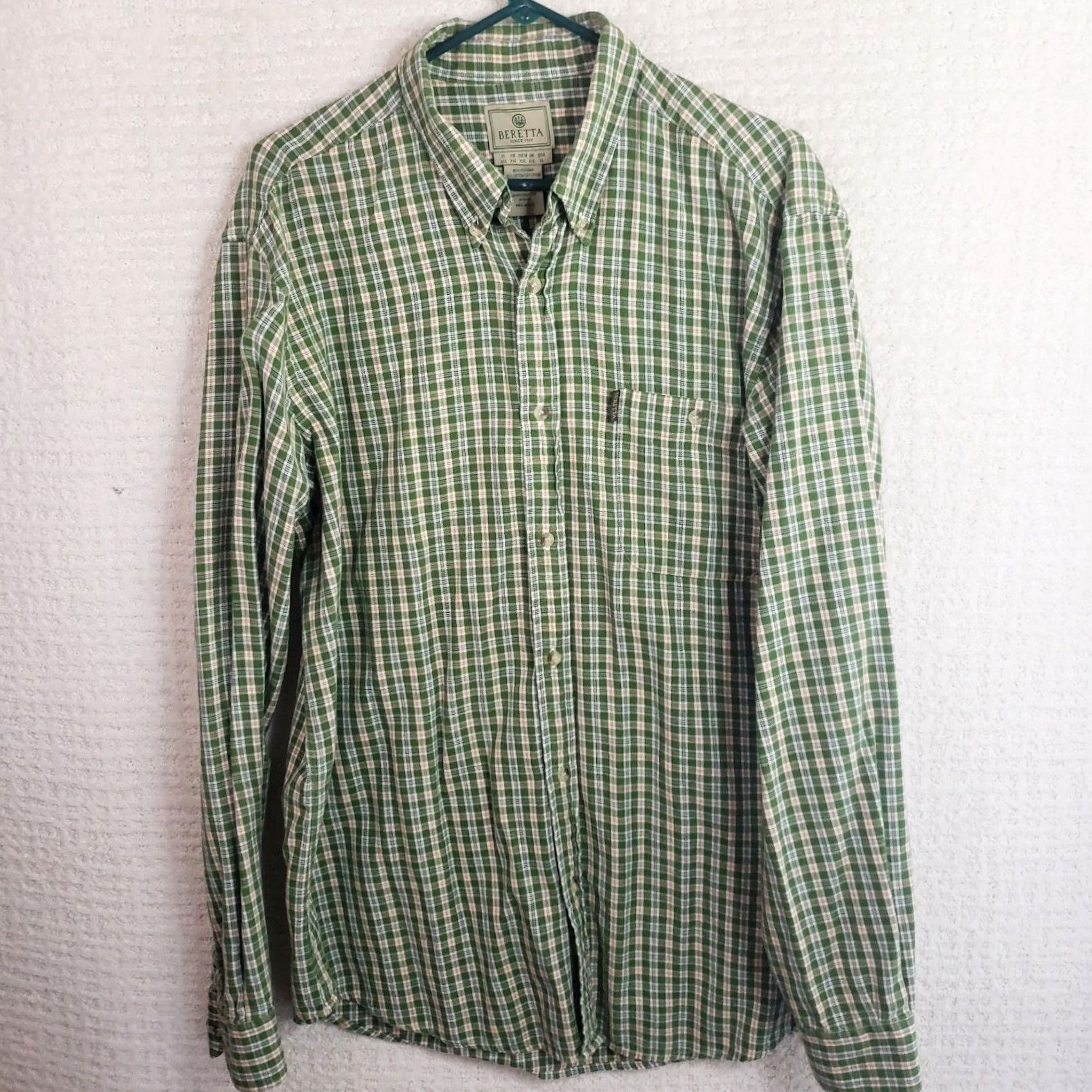 Vintage Beretta Green Plaid Cotton Flannel Button Up Dress Shirt Men's XL Size 42R - 2 Thumbnail