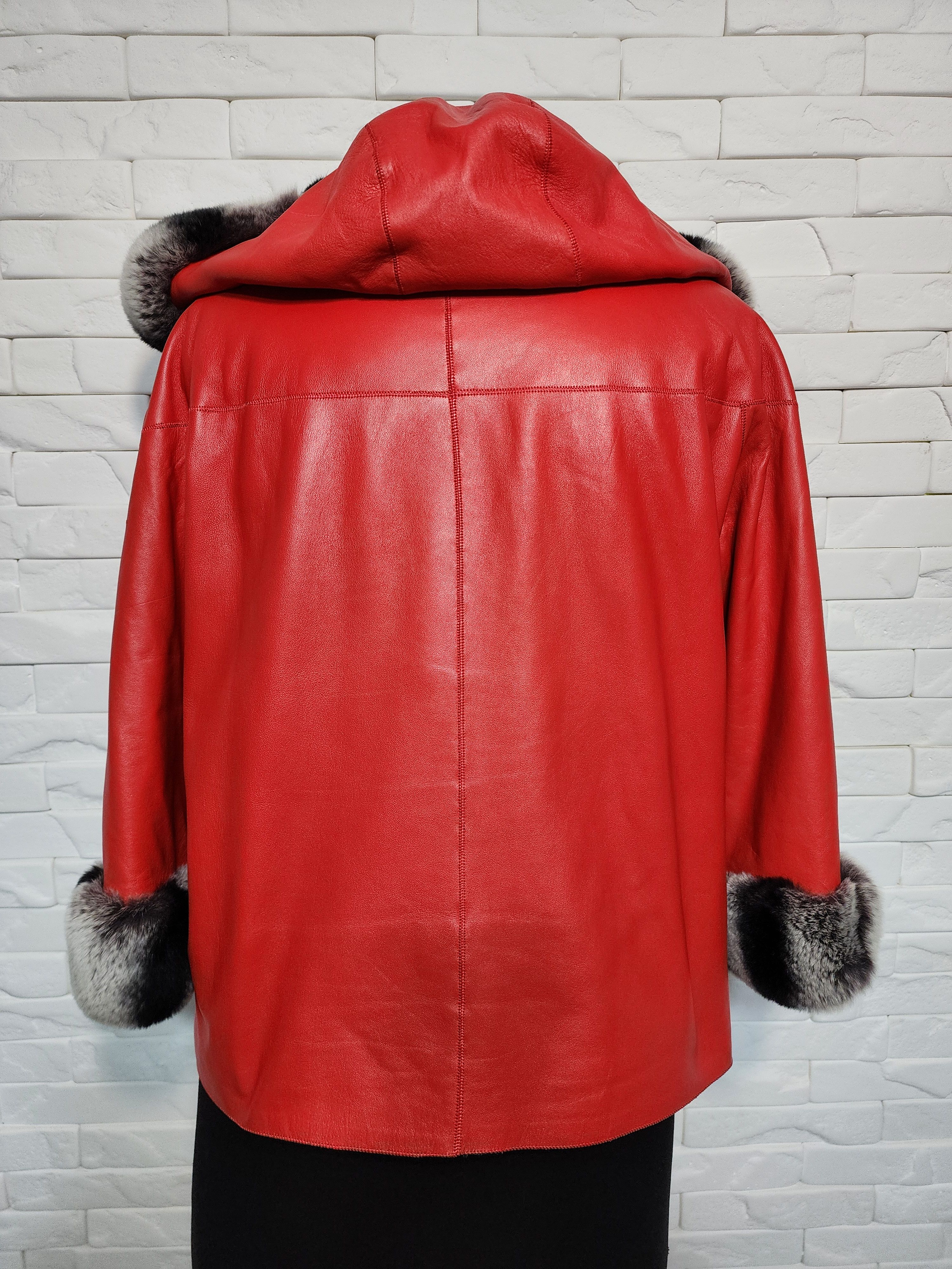 Designer Double-sided women's leather jacket with a hood. Size XL / US 12-14 / IT 48-50 - 3 Thumbnail