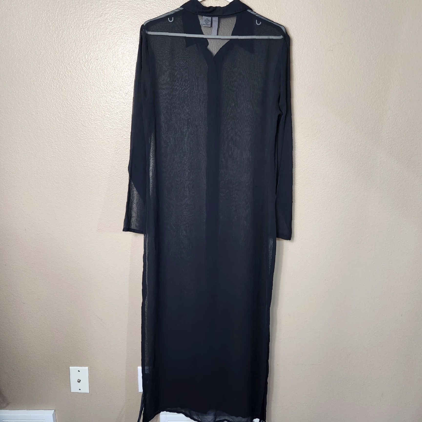 Vintage VINTAGE Sun Streak by Newport News Womens |M| Black Sheer LS Maxi Cover Up Dress w/Slits Size M / US 6-8 / IT 42-44 - 5 Thumbnail