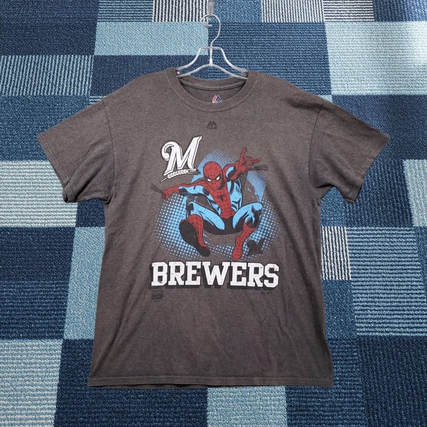 MLB Majestic T Shirt Mens L Large Gray Short Sleeve Spider Man Brewers MLB Baseball Size US L / EU 52-54 / 3 - 1 Thumbnail