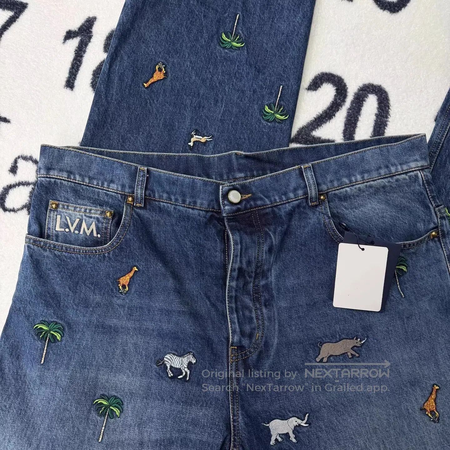Louis Vuitton Blue Denim Jeans with Animal & Palm Tree Embroidery. Size US 38 / EU 54 - 4 Thumbnail