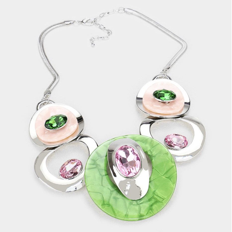 Other Silver, Green, Peach & Pink Graduating Statement Necklace Size ONE SIZE - 2 Thumbnail