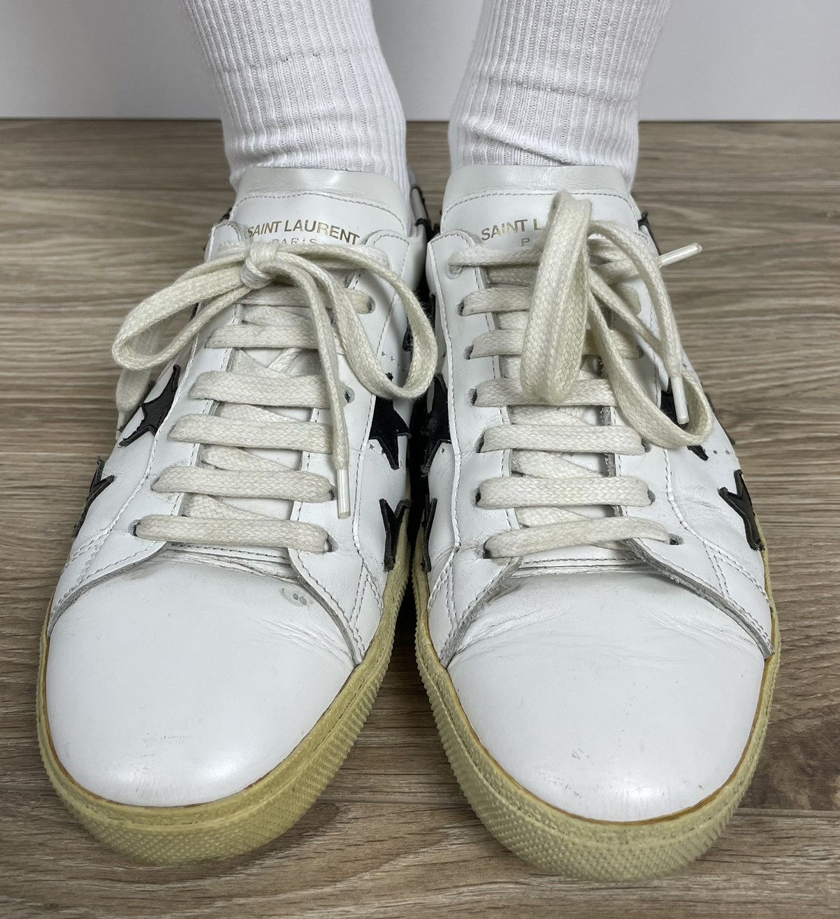 image of Hedi Slimane x Saint Laurent Paris Court Classic Star White Silver Black Leather Shoes, Women's (Si