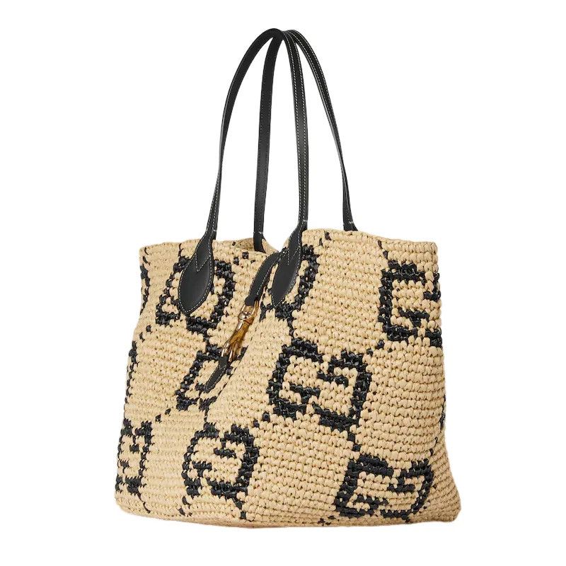 Gucci GUCCI $3650 Nat/Blk GG Raffia Medium Tote New Authentic Size ONE SIZE - 2 Thumbnail