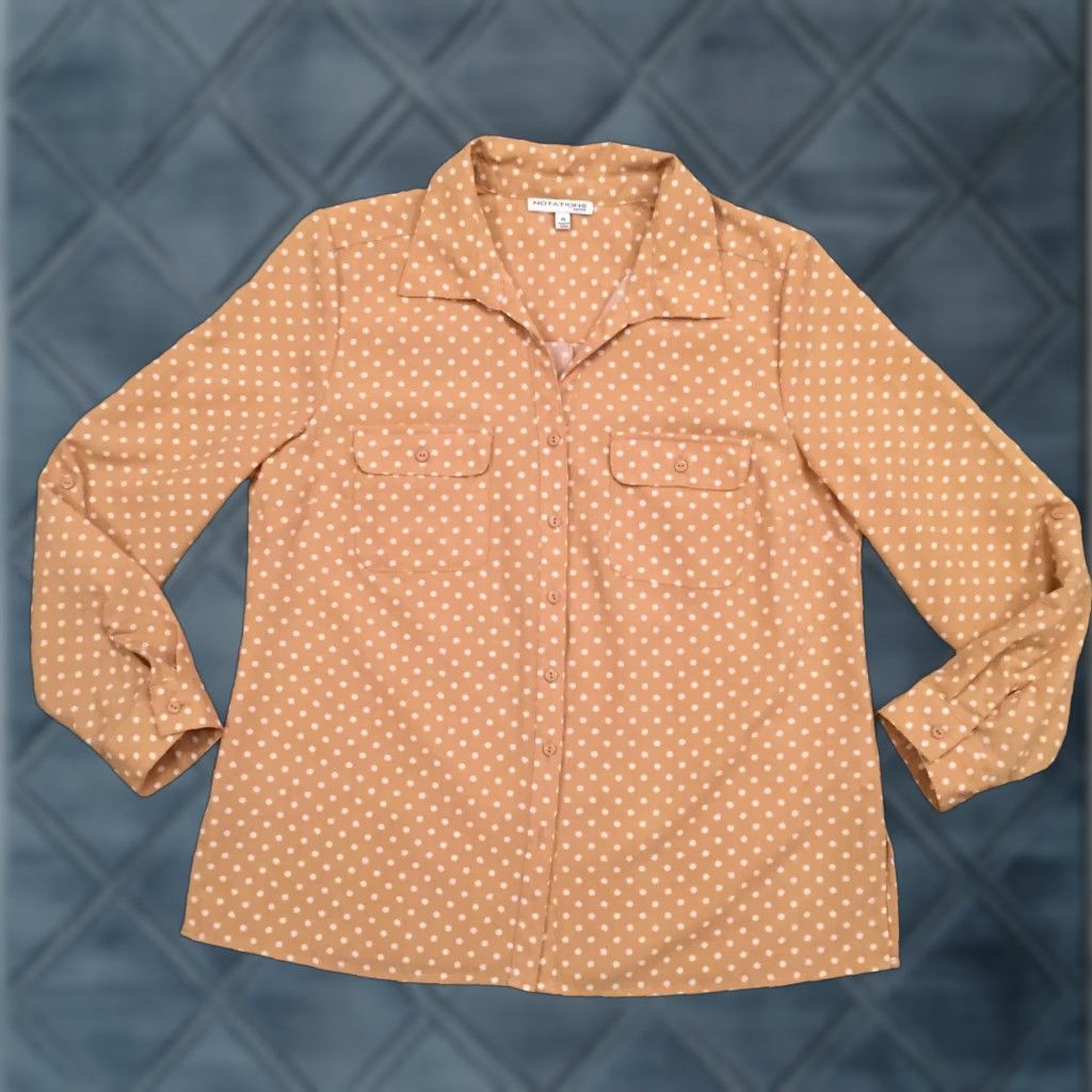 Vintage Notations Petite Womens PL Beige Polka Dot Roll Tab Sleeve Button Front Shirt Size L / US 10 / IT 46 - 1 Thumbnail