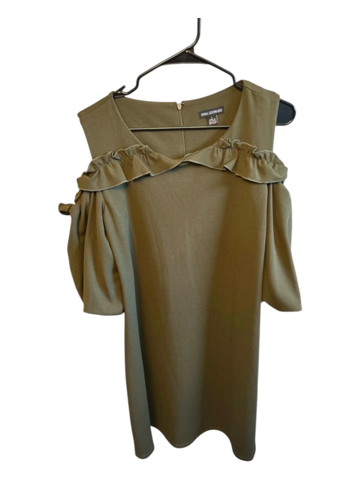 Other Nina Leonard Olive Green Cold Shoulder Dress with Ruffle Det Size M / US 6-8 / IT 42-44 - 1 Thumbnail
