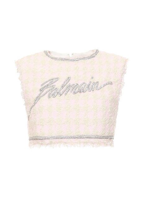 o1s1wg111225 Embellished Logo Tweed Crop Top in Beige