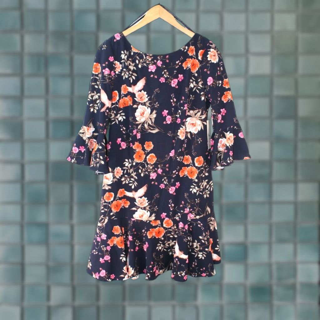 Eliza J Dress Sash Tie Print Faille Fit & Flare (Plus Size 12) Navy Floral Knee-Length Crew Neck Sleeveless Zipper Closure Women's