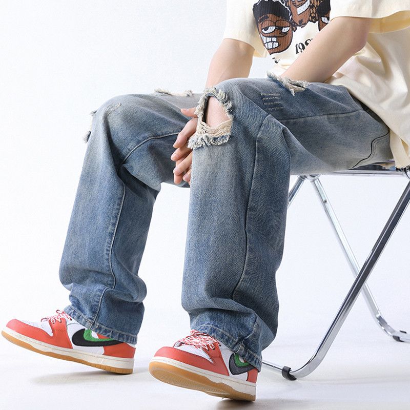 Japanese Brand Men's casual straight leg high street wide leg ripped jeans Size US 32 / EU 48 - 3 Thumbnail