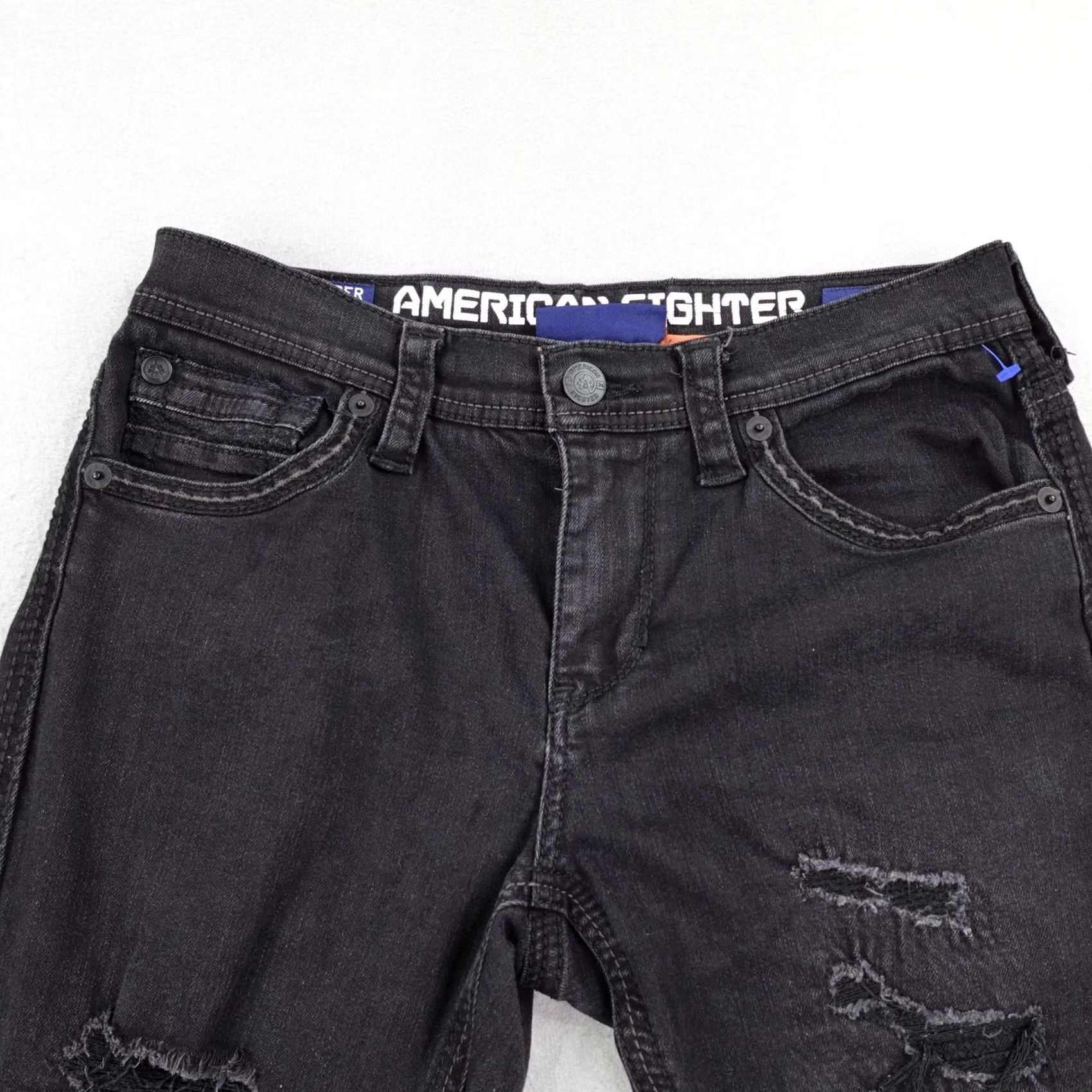 Vintage American Fighter Jeans Mens 31x30 Black Denim Straight Fit Distressed Buckle Size US 31 - 2 Thumbnail