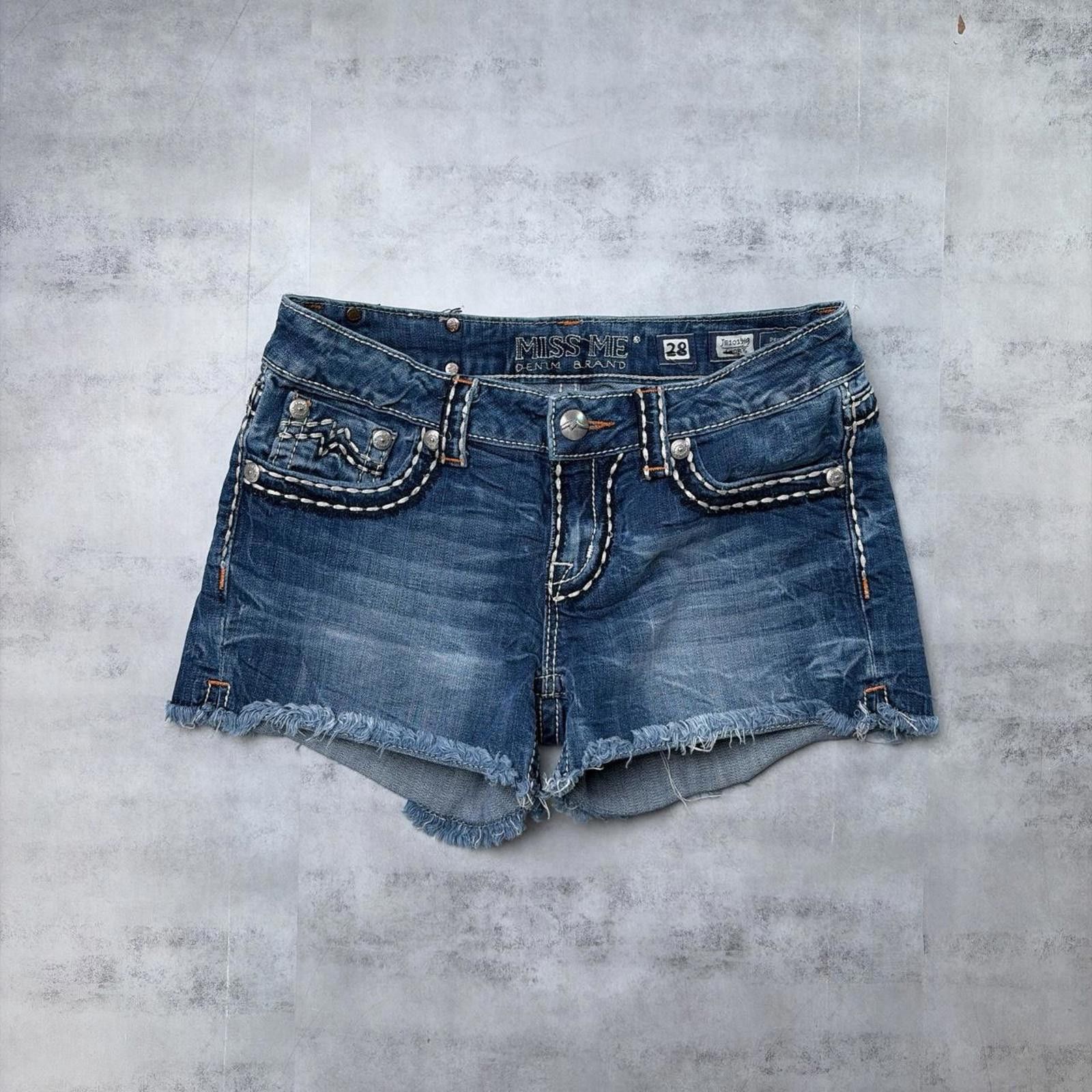 Other Y2K Blue Miss Me Grunge Stitched Denim Mini Shorts Size 30" / US 8 / IT 44 - 2 Thumbnail