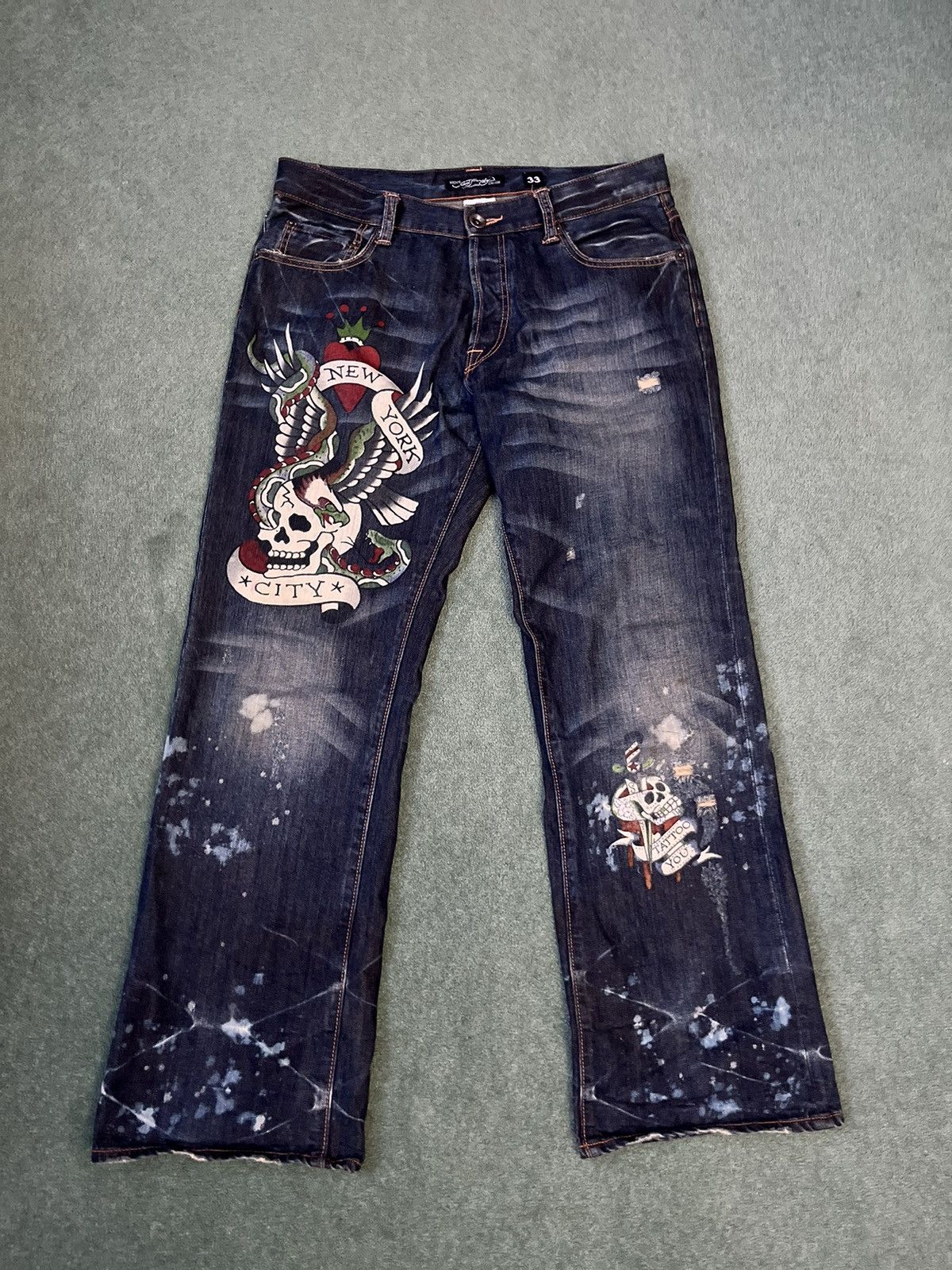 image of Ed Hardy Embroided Baggy Jeans in Blue, Men's (Size 36)