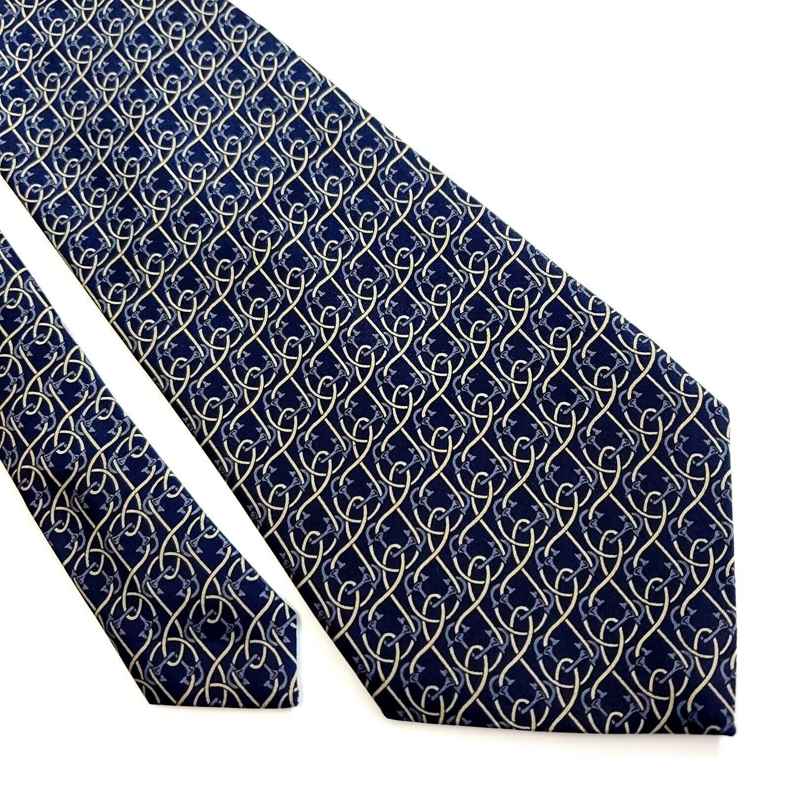 Designer Rene Chagal Blue Tan Geometric Print Wide Silk Tie Size ONE SIZE - 1 Thumbnail