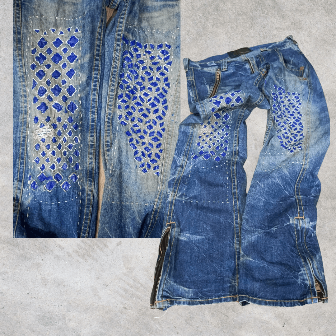 Alfredo Bannister VTG ALFREDO BANNISTER RAGRISE Y2K sashiko FLARE jeans Size 32" / US 10 / IT 46 - 6 Thumbnail
