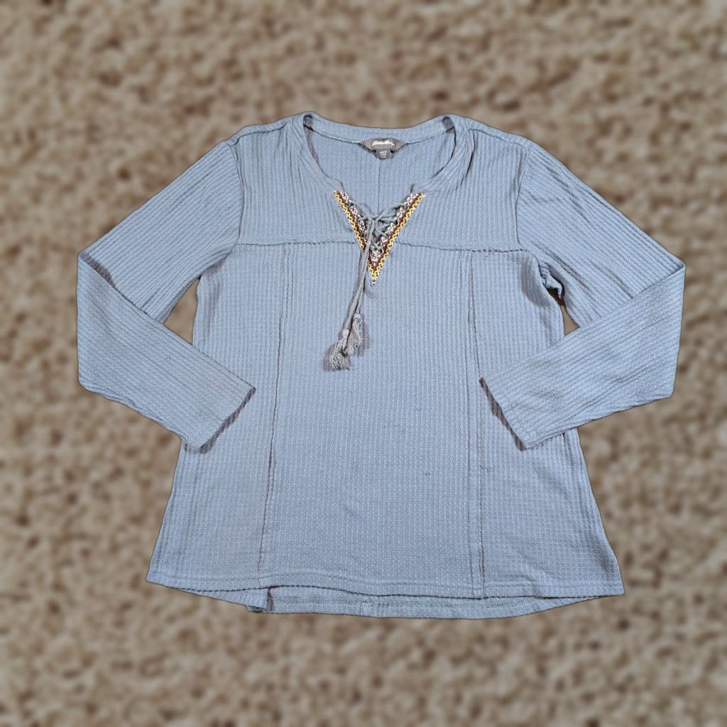Eddie Bauer Eddie Bauer Women Blouse Shirt L Blue Thermal Embroidered V-Neck Basic Casual Knit Top Size L / US 10 / IT 46 - 1 Thumbnail