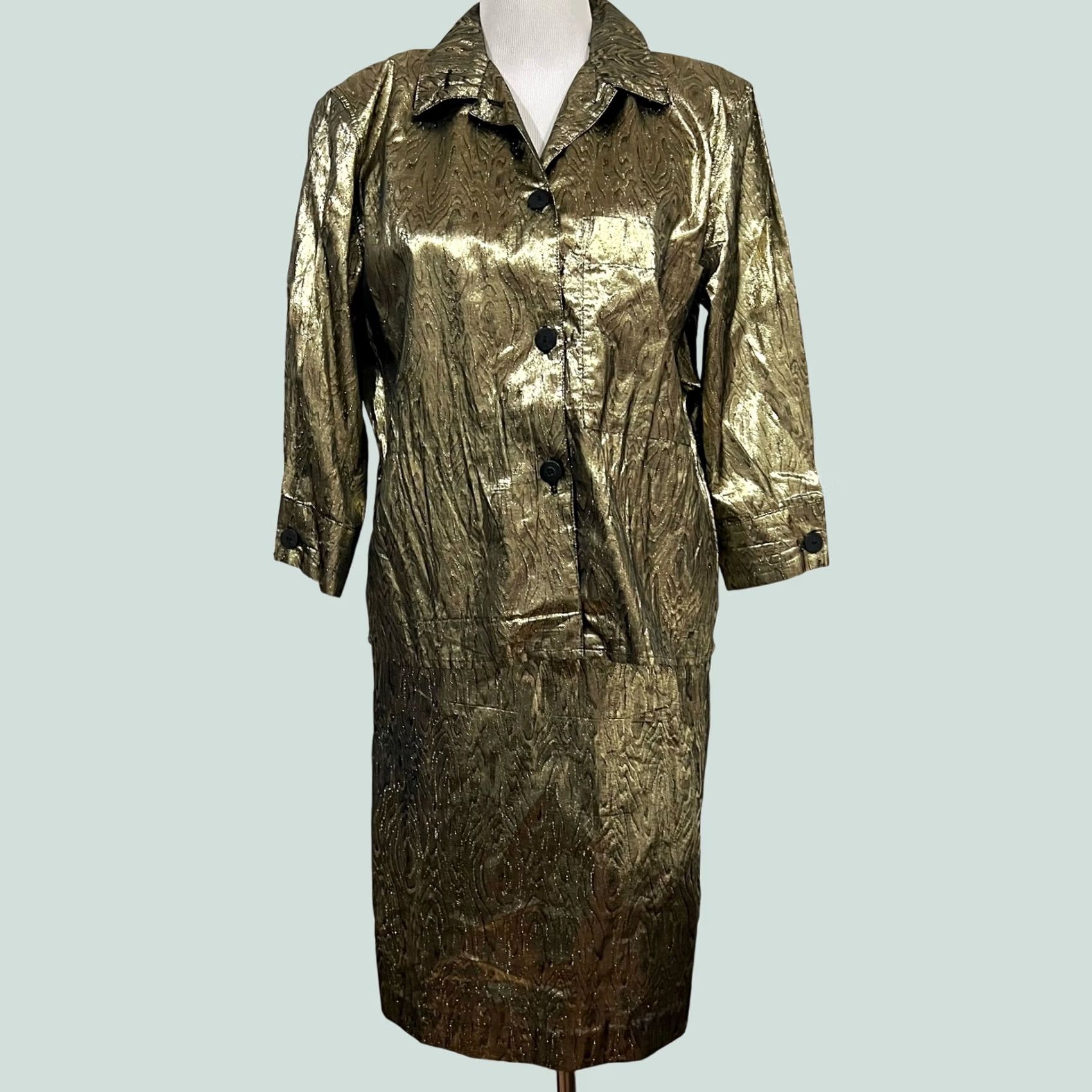 Vintage VINTAGE Gene Ewing BIS Gold Lame Skirt Suit Set Women's XS 1980s New Wave Metallic Shiny Rayon Lame Size 26" / US 2 / IT 38 - 1 Thumbnail