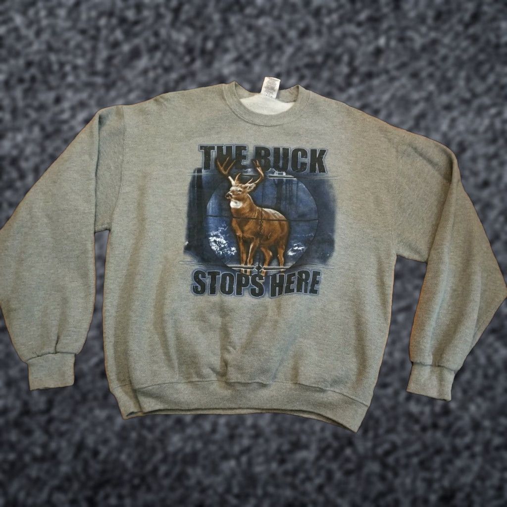 Jerzees VINTAGE Jerzees Sweatshirt The Buck Stops Here Deer Hunting Adult L Heather Gray Graphic 90s Outdoor Mens Size US L / EU 52-54 / 3 - 1 Thumbnail