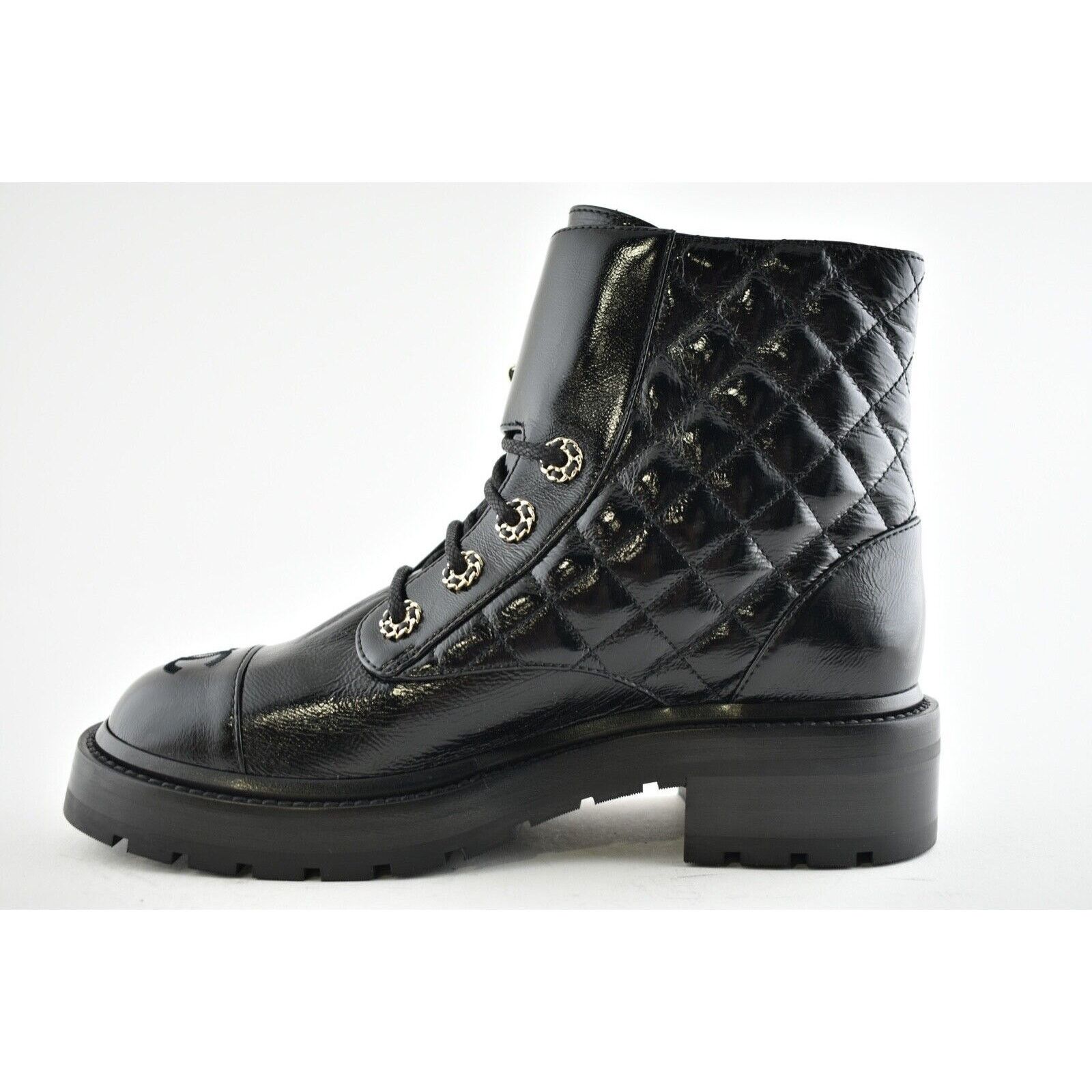Chanel 21A Patent Quilted Gold CC Chain Combat Ankle Short Boot 40 Size US 10 / IT 40 - 8 Thumbnail