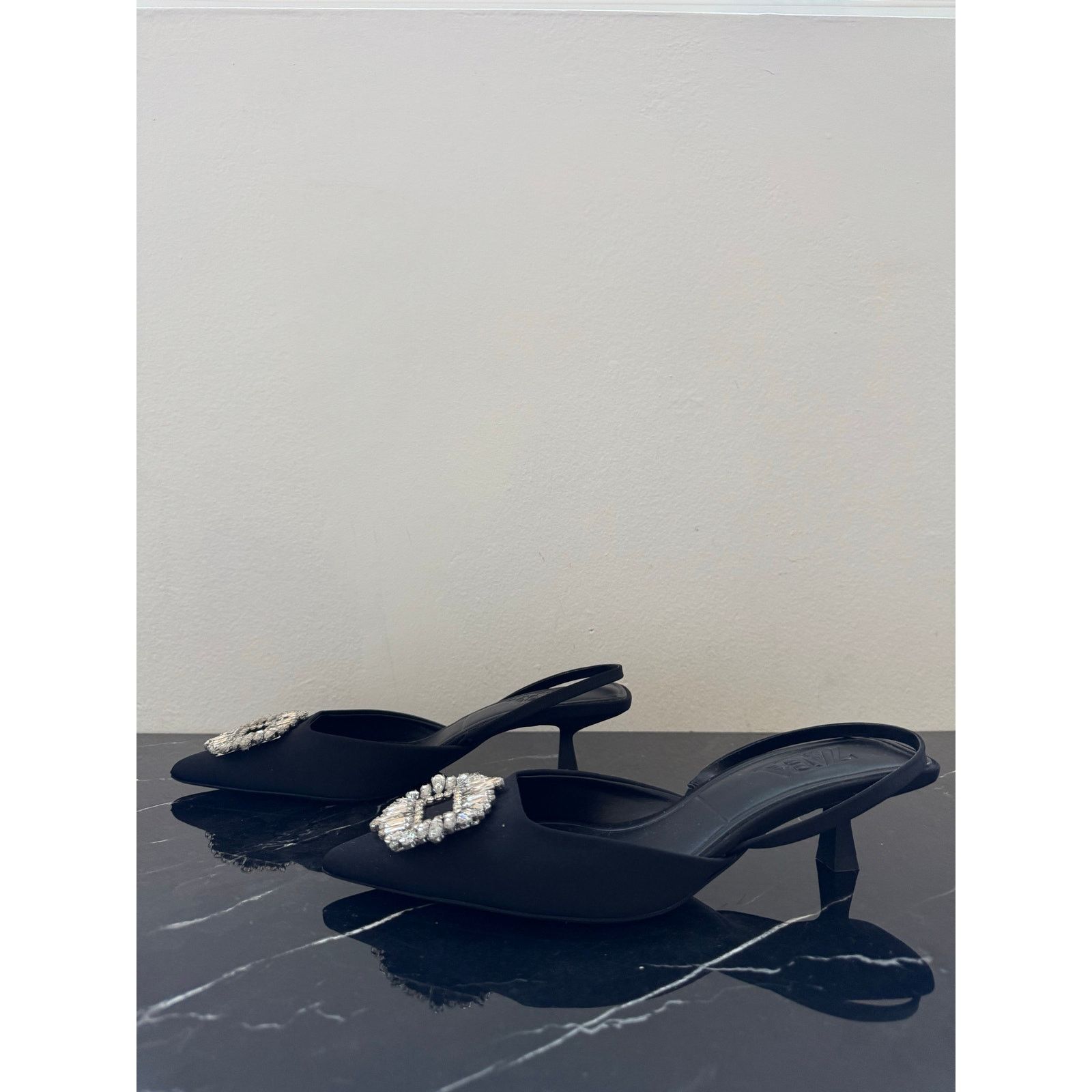 Zara Zara Black Rhinestone Pointed Toe Slingback Kitten Heel Size US 9 / IT 39 - 8 Thumbnail