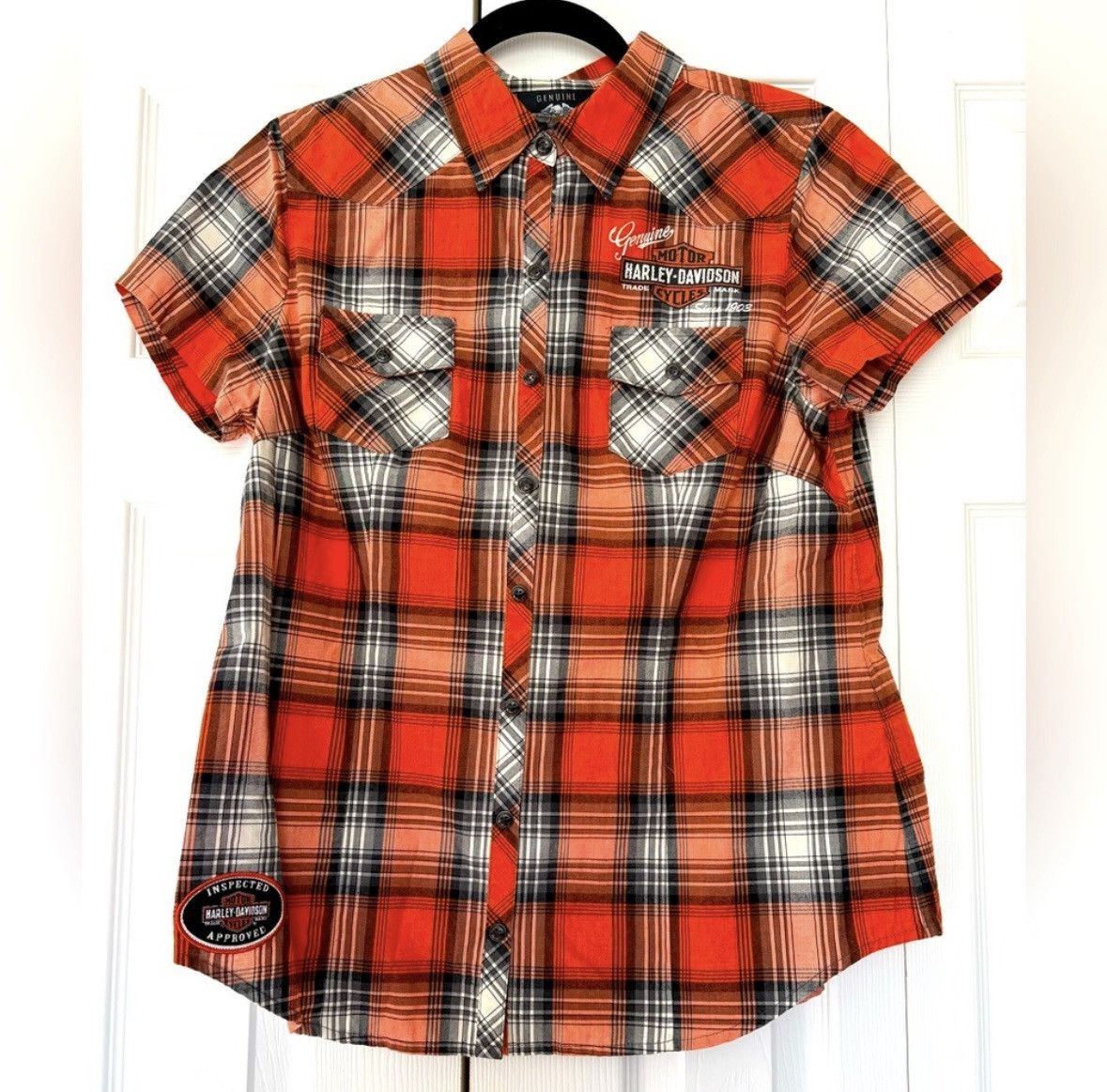 Harley Davidson Harley-Davidson Red Flannel Bling Snap Button Short Sleeve Size L / US 10 / IT 46 - 1 Thumbnail