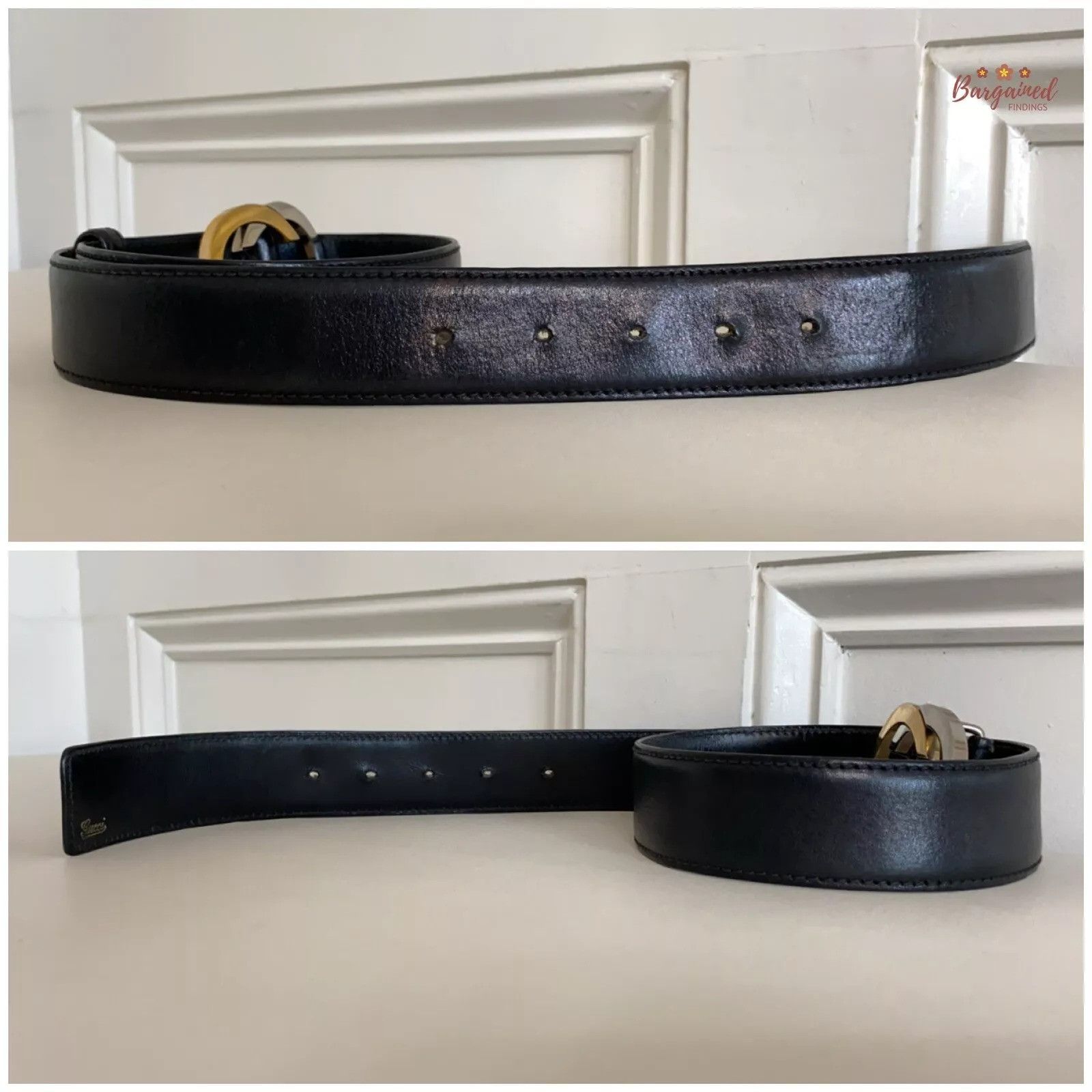 Gucci Gucci Black Leather Gold/Silver Interlocking G Buckle Belt Size 28 - 5 Thumbnail