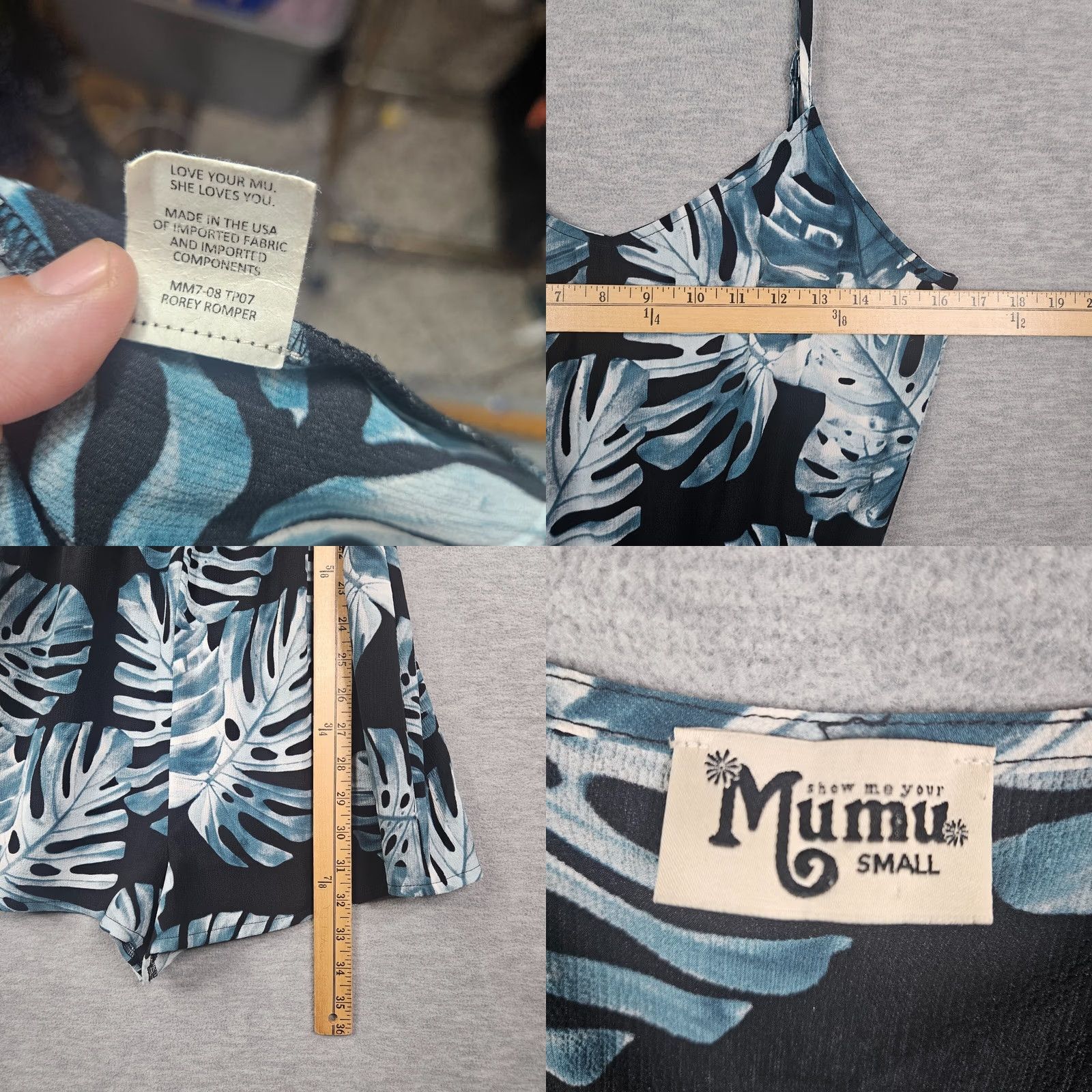 Show Me Your MuMu Show Me Your MuMu Women's Tropical Leaf Print Romper Blue White Adjustable Sz S Size 28" / US 6 / IT 42 - 8 Thumbnail