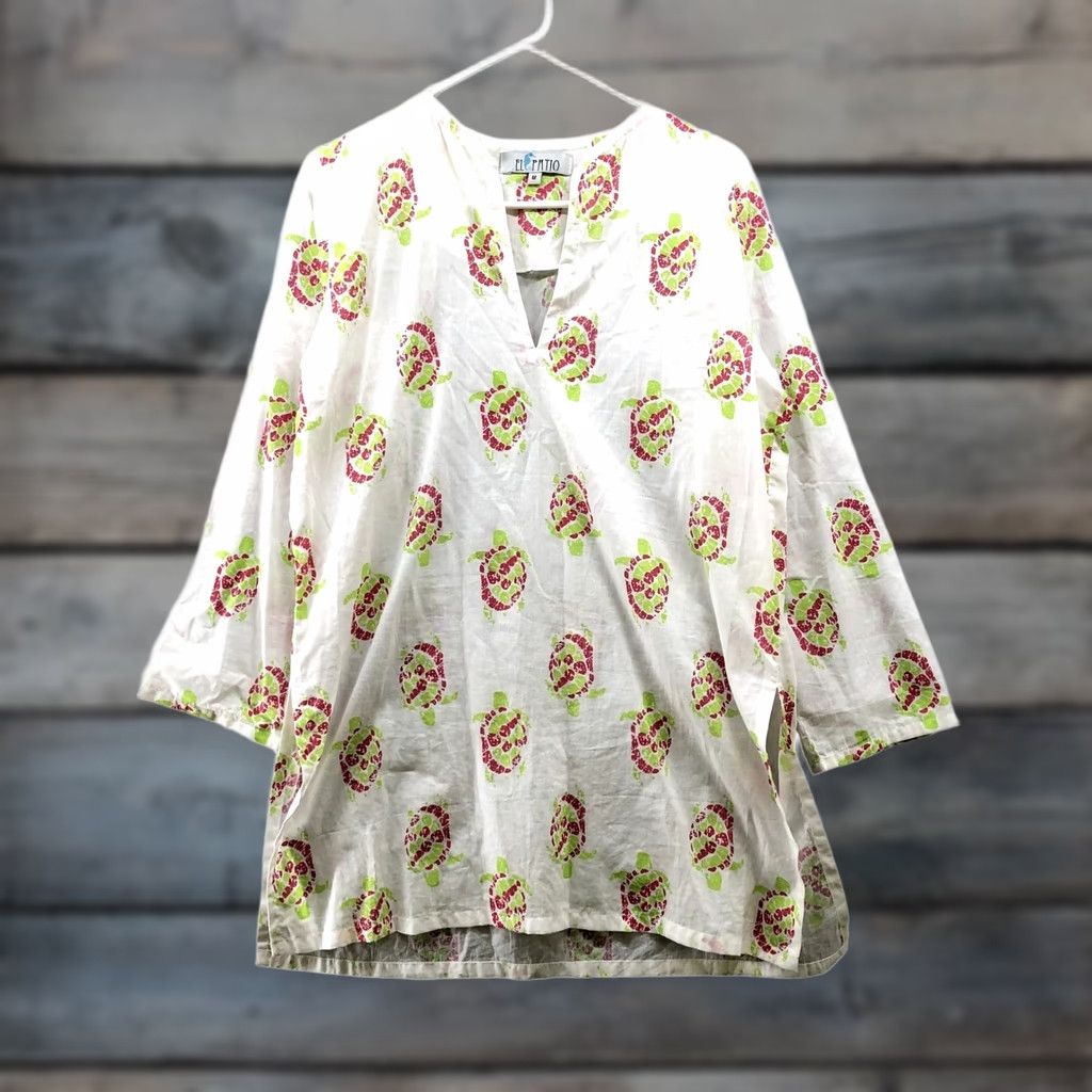 Vintage El Patio Turtle Print Beach Dress Womens M Split Neck White Cotton Long Sleeve Size M / US 6-8 / IT 42-44 - 1 Thumbnail