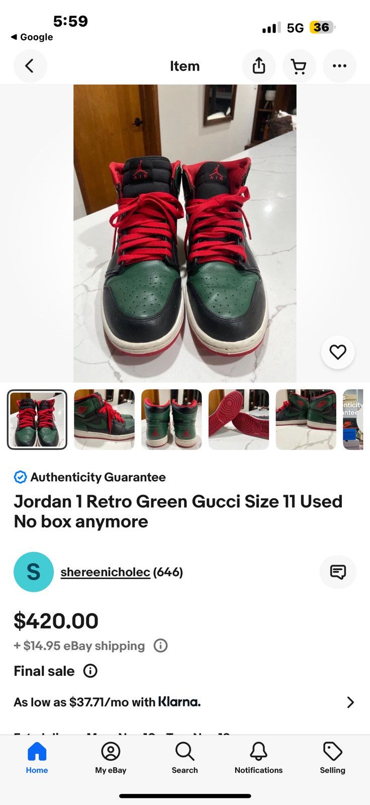 Jordan Brand Jordan 1 Retro OG Sz 12.5 Men’s 2012 Gucci ColorWay Edition Size US 12.5 / EU 45-46 - 16 Thumbnail