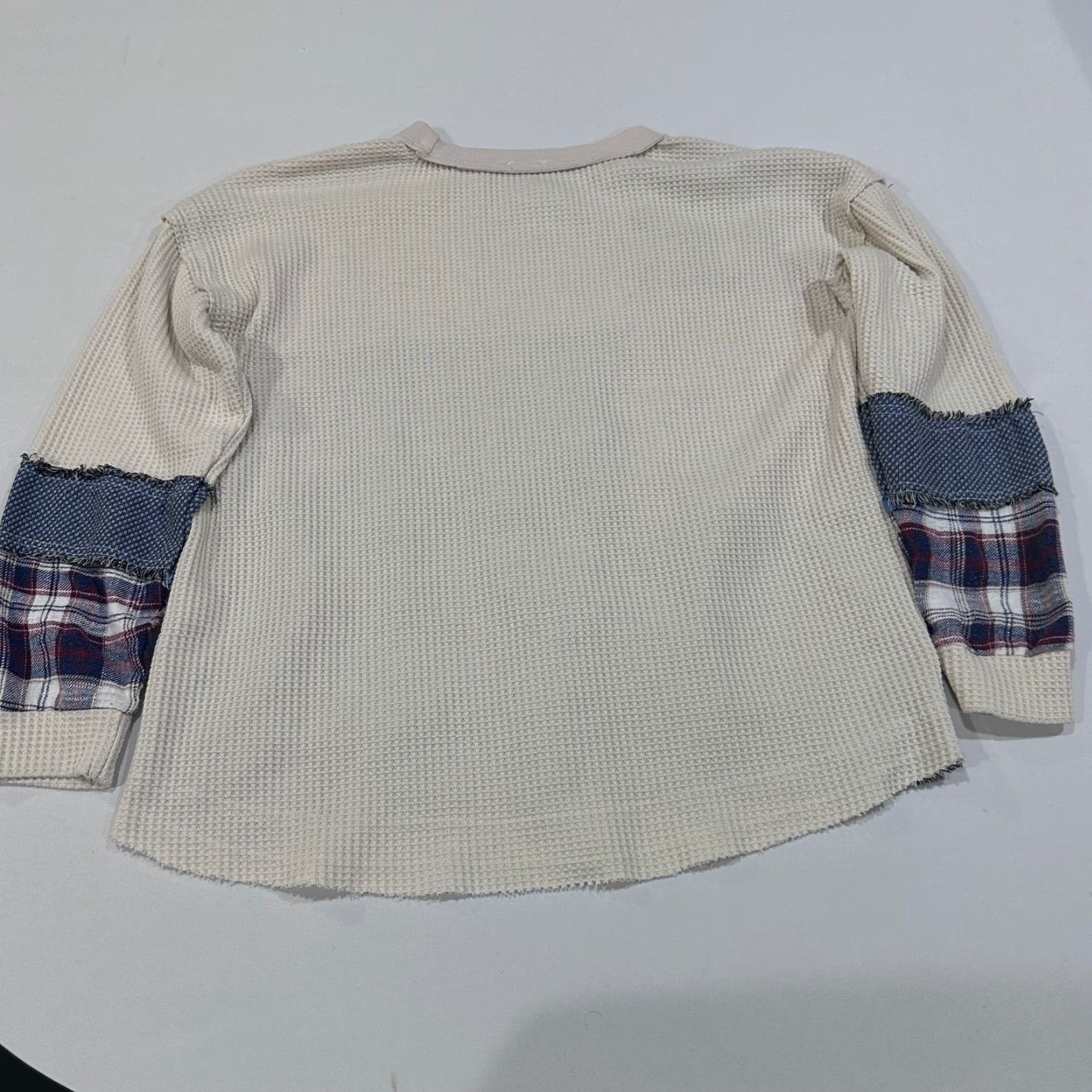 BKE BKE T Shirt Womens S Cream Blue Patchwork Waffle Knit Thermal Long Sleeve Boho Size S / US 4 / IT 40 - 5 Thumbnail
