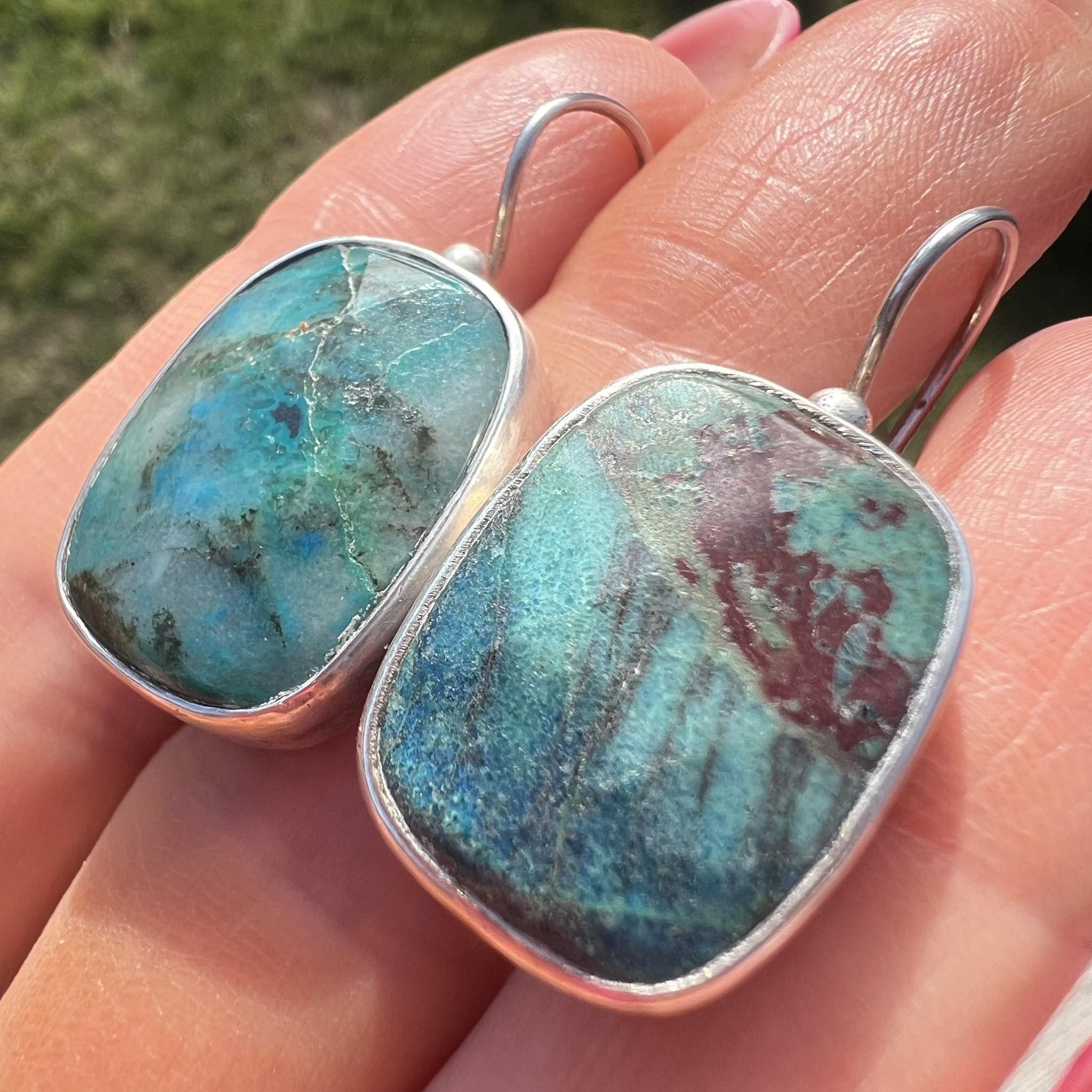 Jewelry × Vintage Vintage Silver 800 Stud Earrings Natural Chrysocolla Stone Size ONE SIZE - 3 Thumbnail