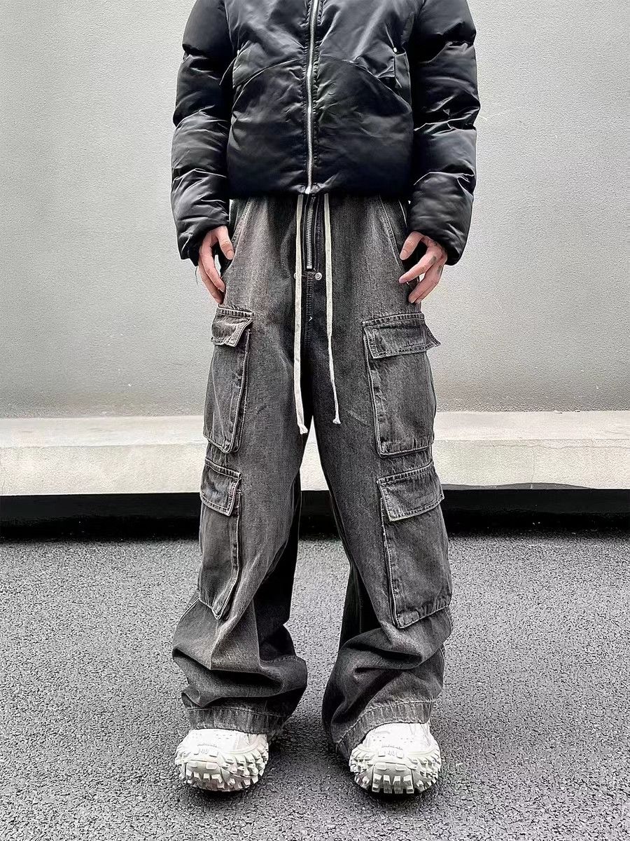 image of Retro Smoke Gray Grunge Workwear Wide Leg Jeans, Men's (Size 33)