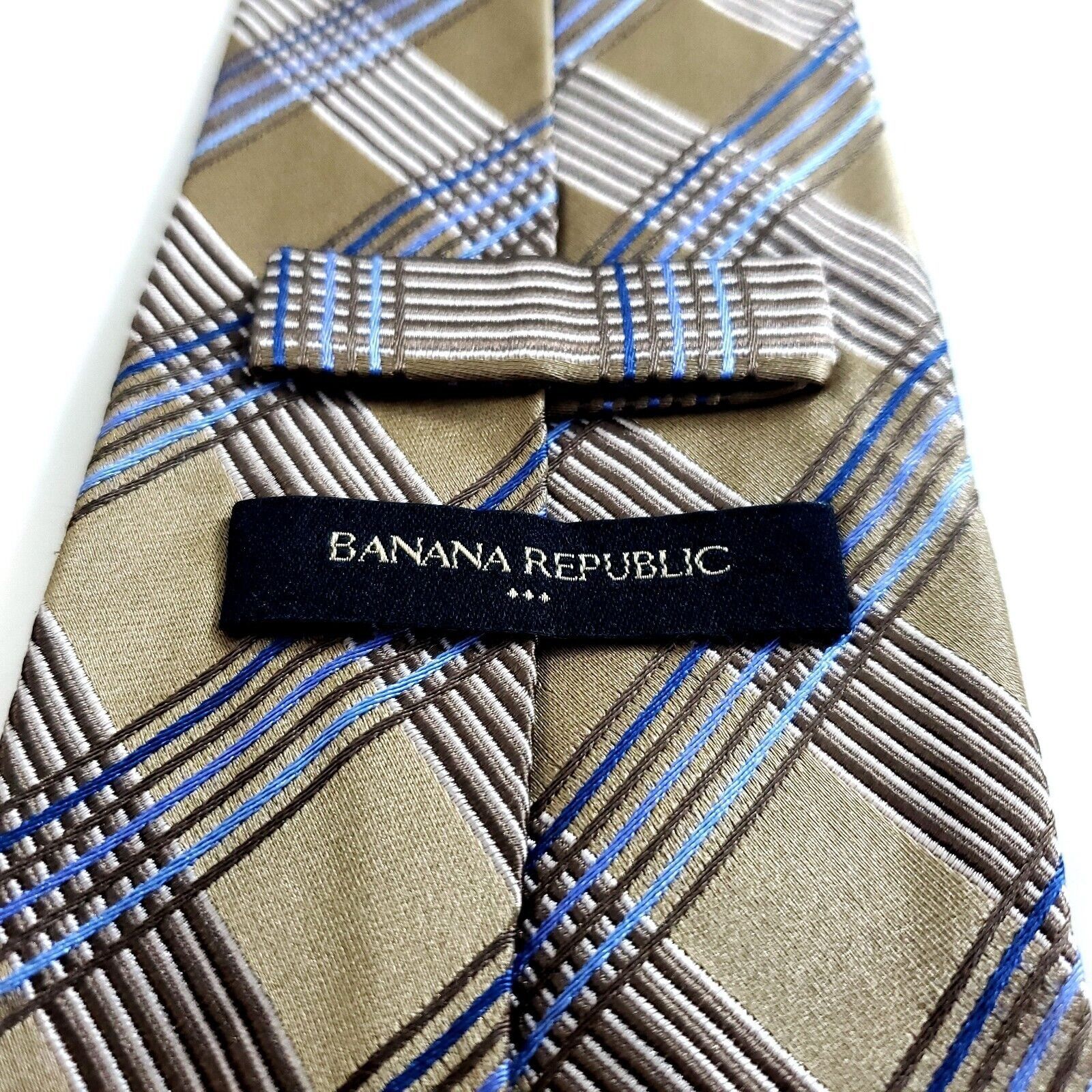 Banana Republic Banana Republic Gold Tan Blue Plaid Woven Wide Silk Tie Size ONE SIZE - 3 Thumbnail