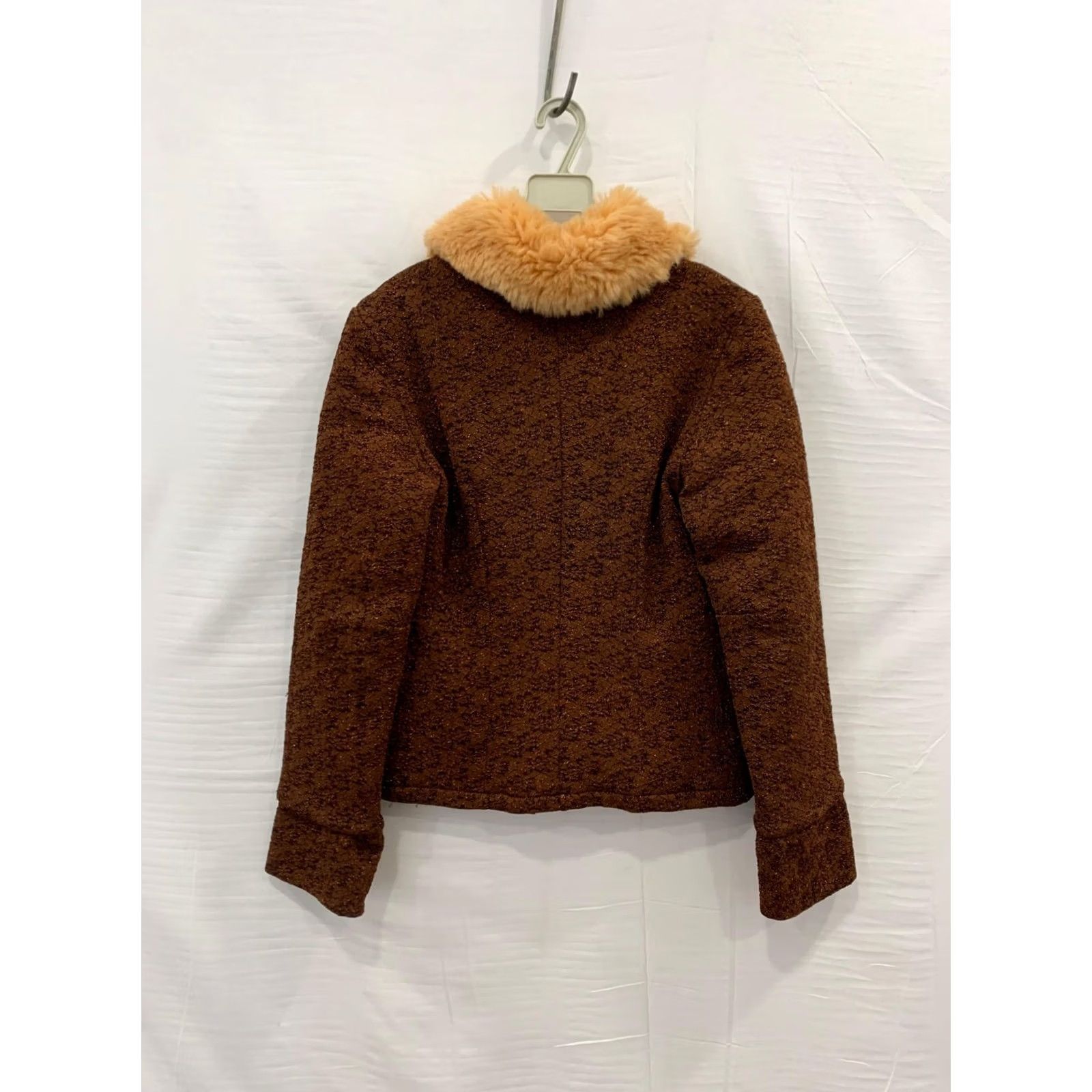 Fiorucci VINTAGE Fiorucci Jacket Women Medium Brown Bouclé Faux Fur Collar Italy Cherub Logo 90s 00s Size M / US 6-8 / IT 42-44 - 2 Thumbnail