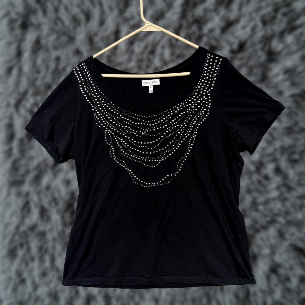 Vintage VINTAGE Fashion Bug Womens XL Black Scoop Neck T-Shirt Studded Silver Front Embellishment Whimsigoth Casual Everyday Everyday Wear Size XL / US 12-14 / IT 48-50 - 1 Thumbnail