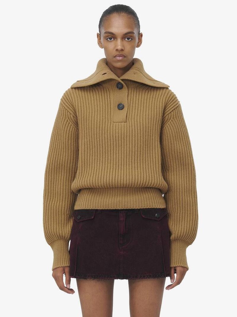 Alexander McQueen o1srvl11e0226 Funnel Neck Buttoned Neck Jumper In Camel Size S / US 4 / IT 40 - 5 Thumbnail