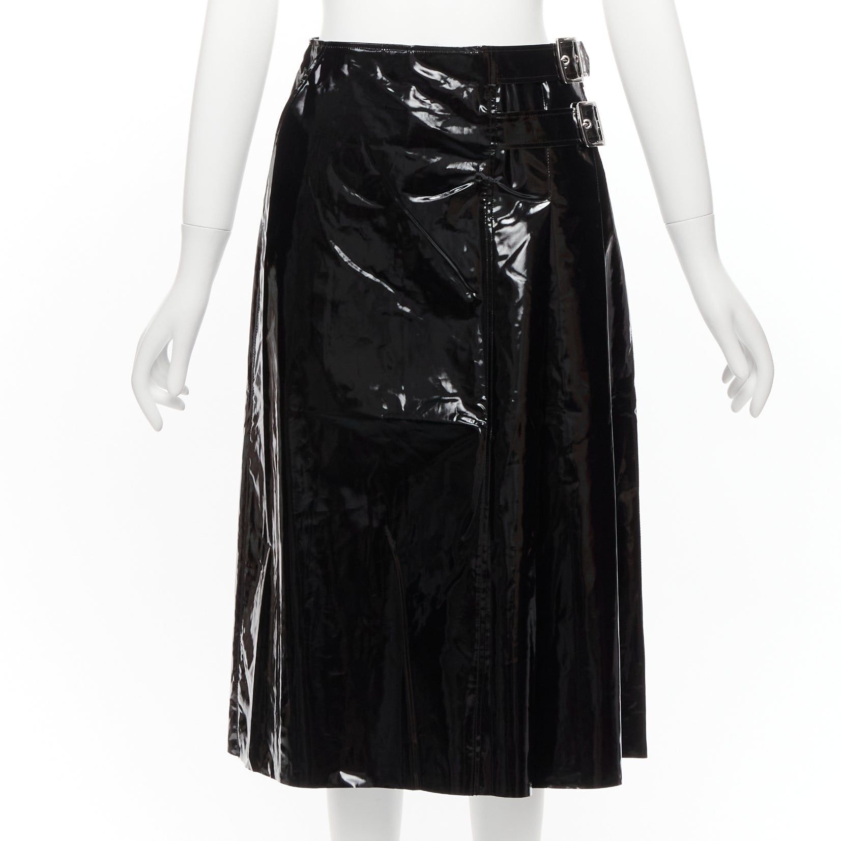 GUCCI black 100% coated cotton vinyl silver buckle punk kilt