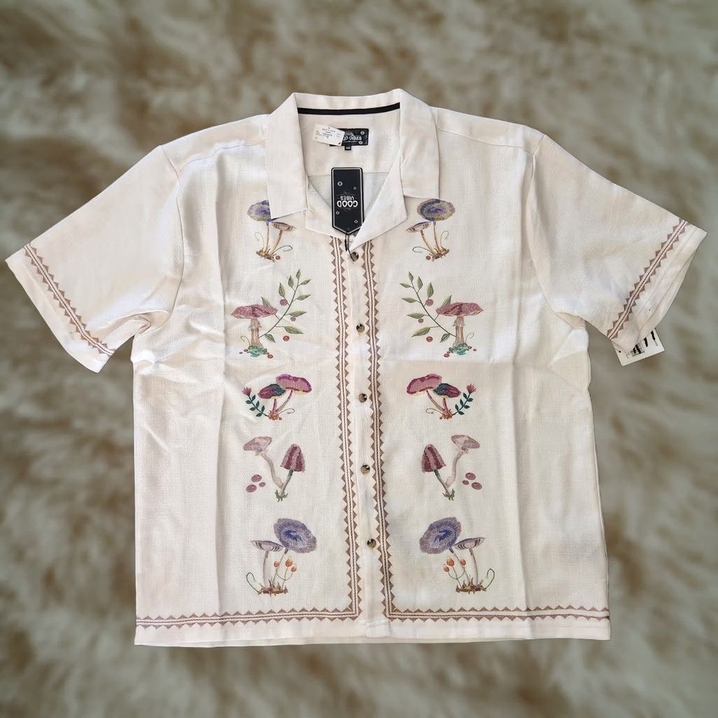 Vintage Good Vibes Mens Button-Up Hawaiian Shirt 4XL Ivory Textured Beach Short Sleeve Collared Embroidered Size US XXL / EU 58 / 5 - 1 Thumbnail