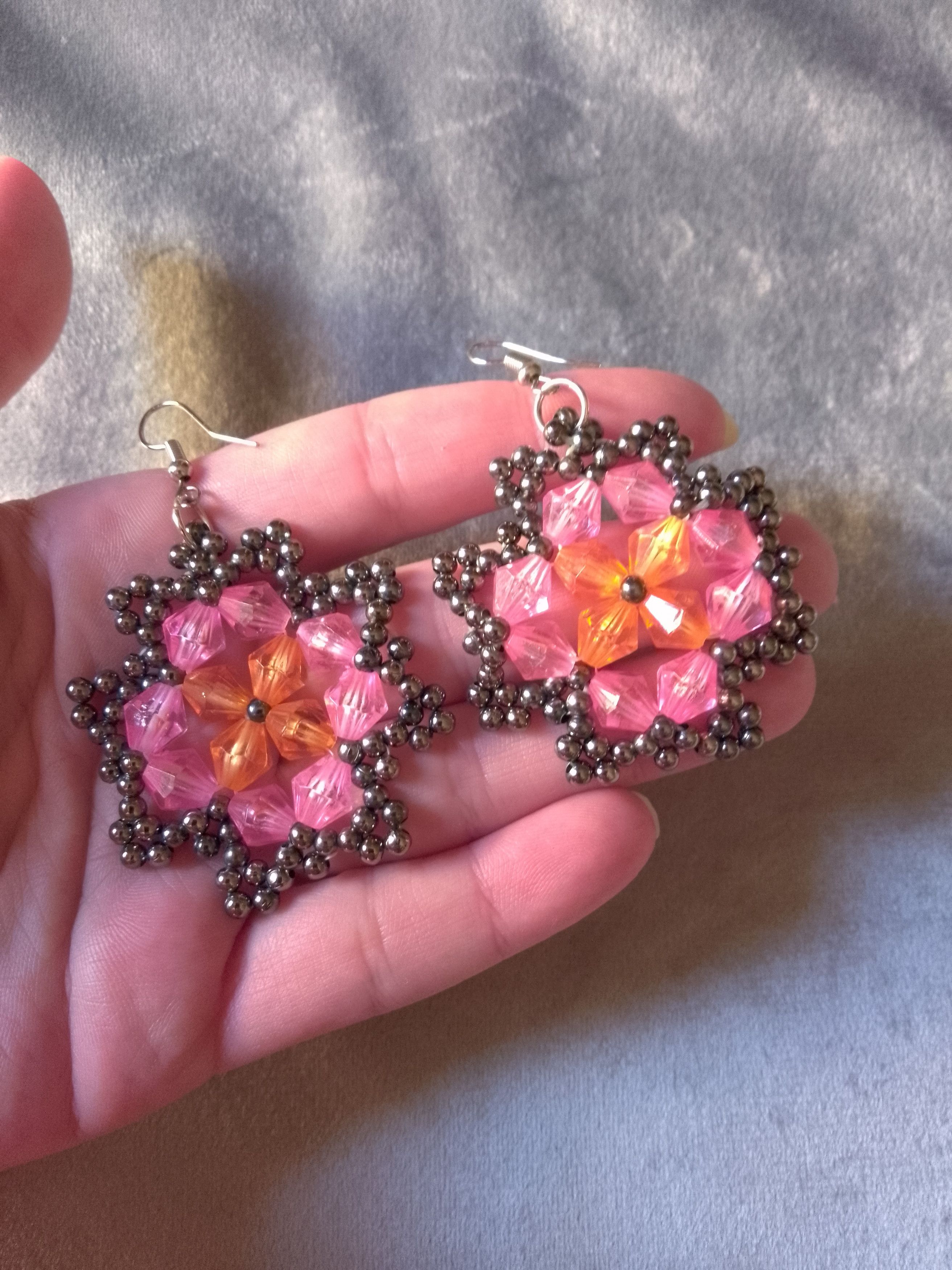 Handmade Earrings in Brass Pink/Orange Flower Shape Size ONE SIZE - 2 Thumbnail