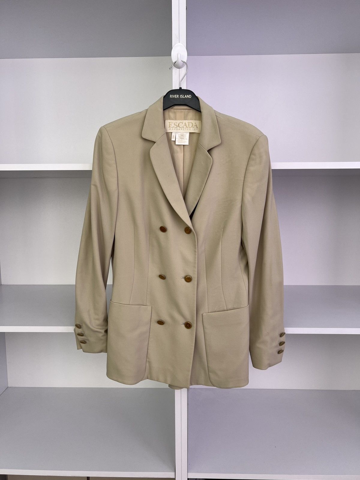 Designer × Escada × Vintage Vintage ESCADA Women's Beige Wool Blazer Jacket Size S / US 4 / IT 40 - 2 Thumbnail