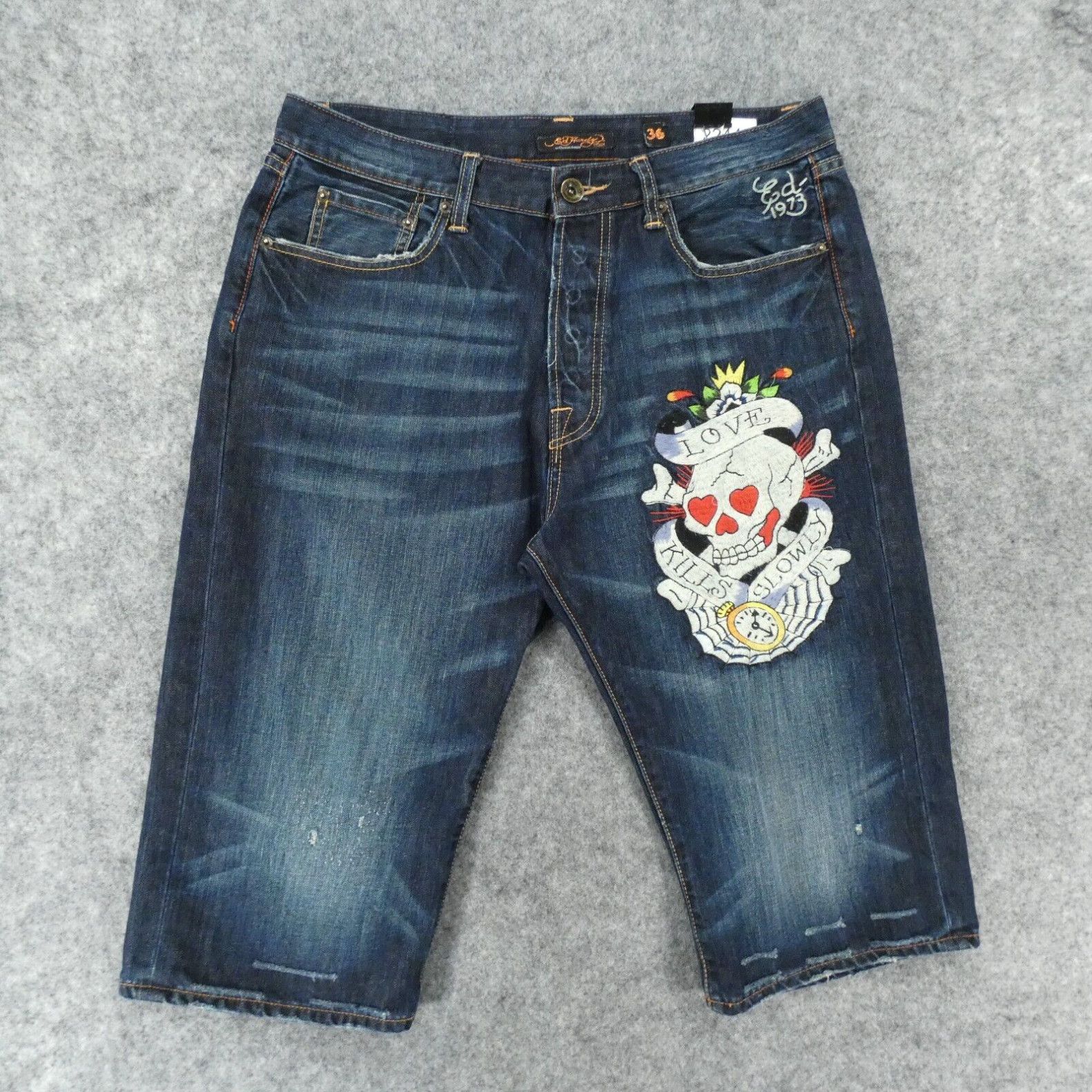 image of Ed Hardy Christian Audigier Shorts Mens 36 Denim Skull Love Kills Slowly in White