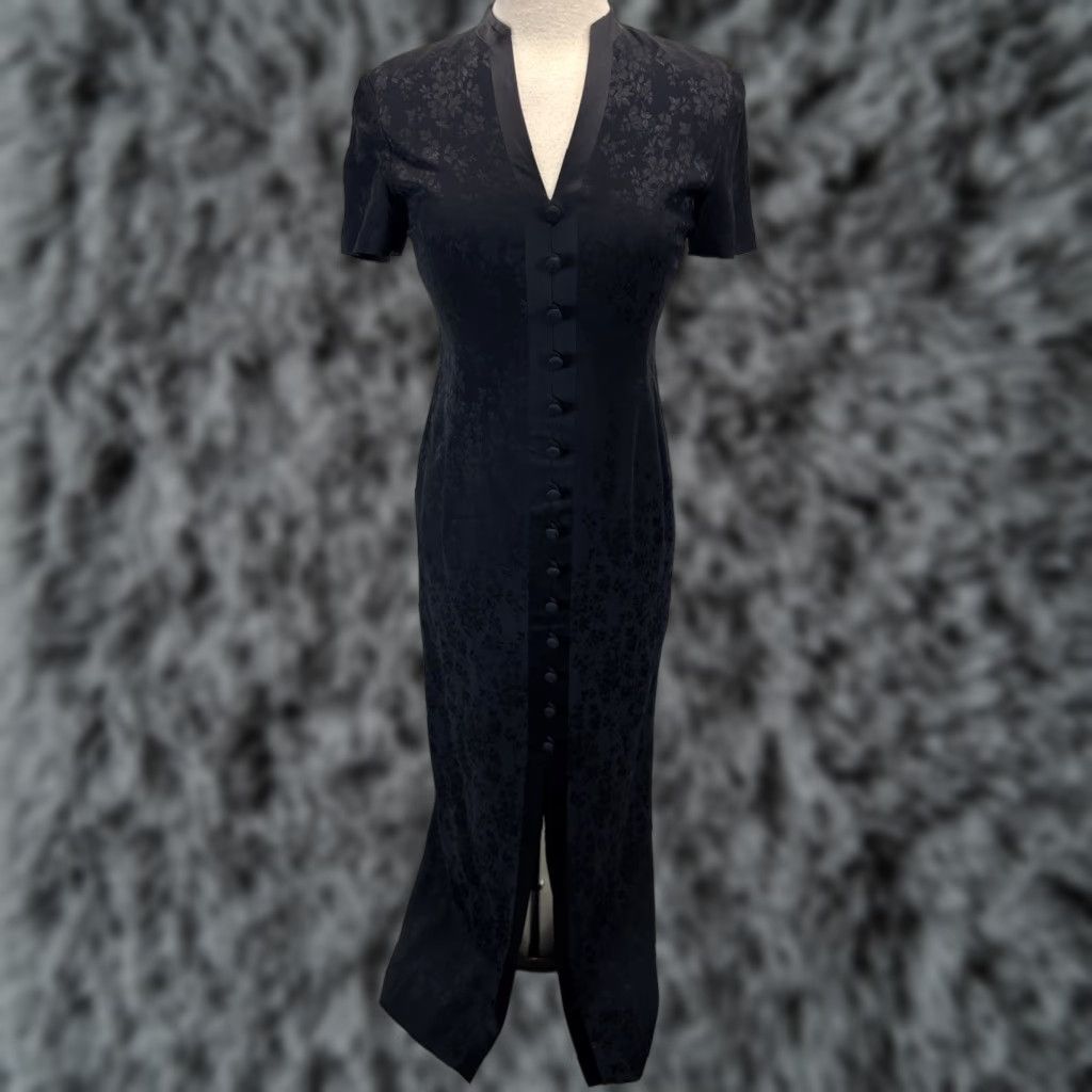 Dana Buchman Dress Maxi Women's Dark Navy Floral Jacquard Fitted Asian Sz 4  Long V-Neck