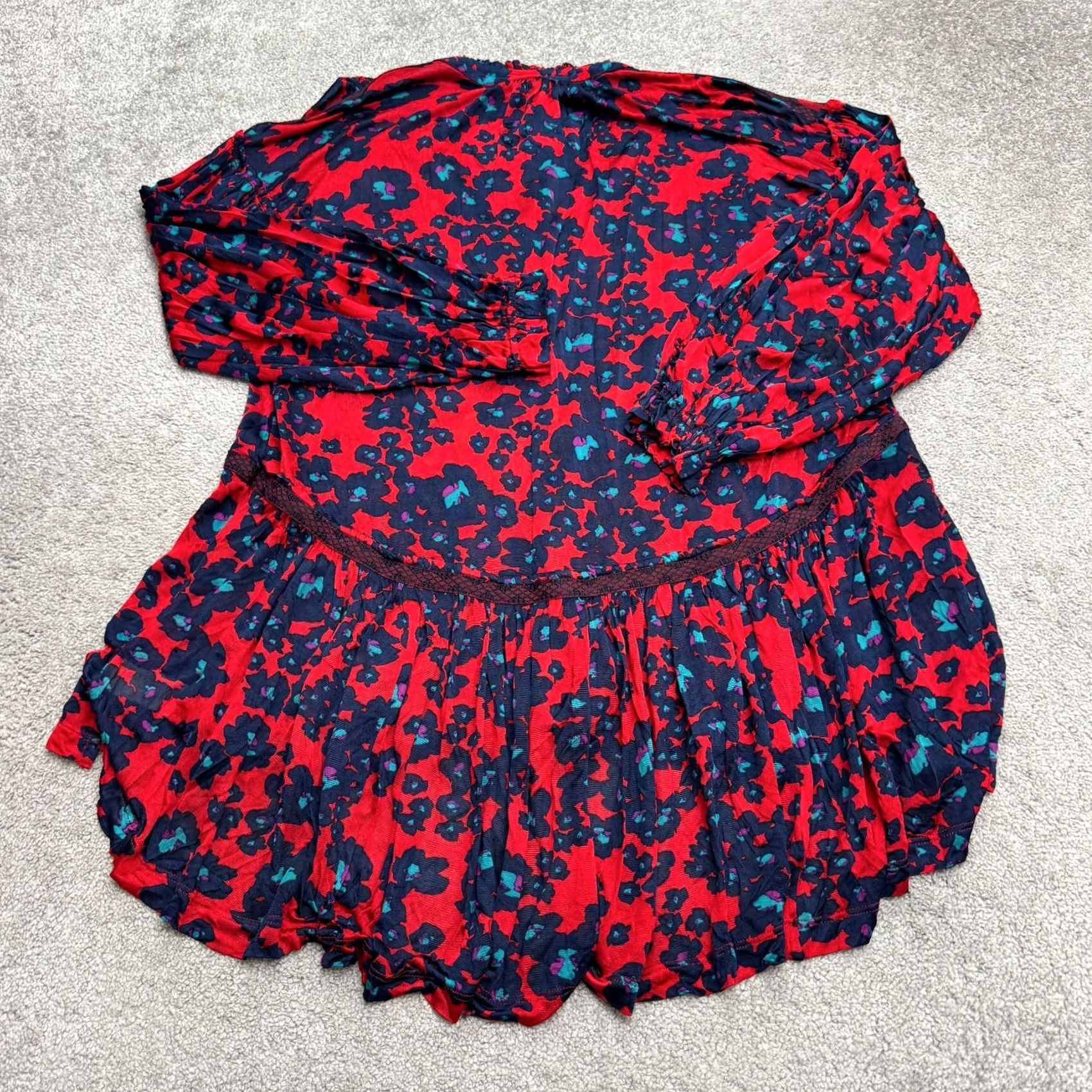 Free People Free People Floral Mini Dress Womens XS Navy Red Button Front Long Sleeve Boho Size XS / US 0-2 / IT 36-38 - 2 Thumbnail