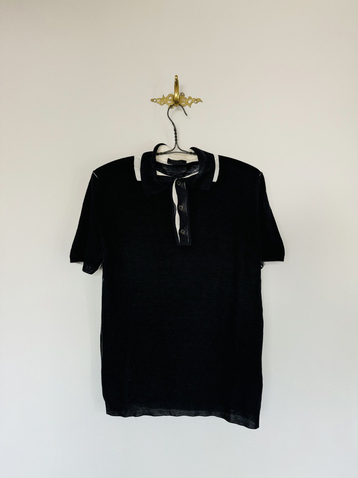 Prada Prada Black knit Polo w/white contrast overydye paint effect Size US M / EU 48-50 / 2 - 1 Thumbnail