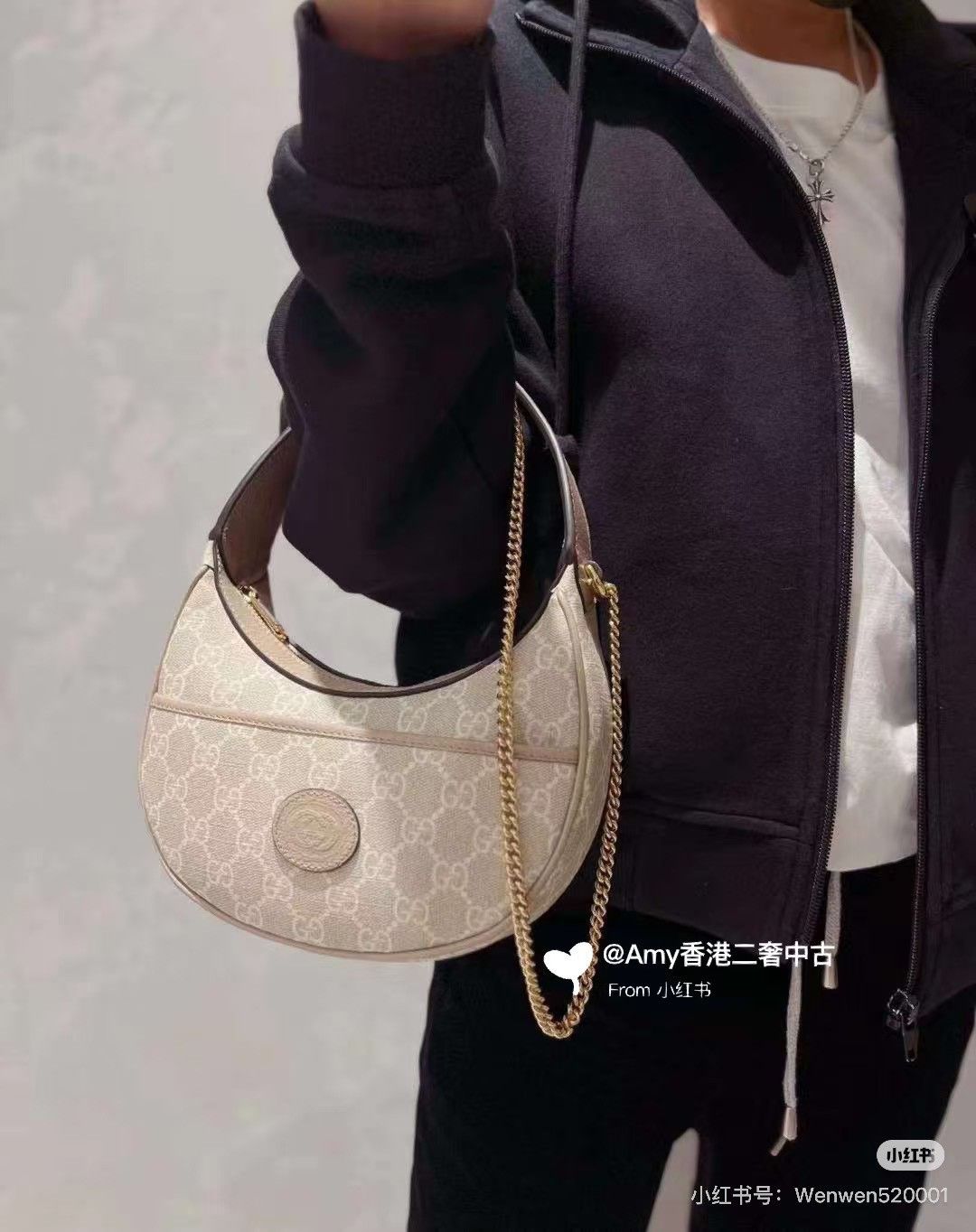 Gucci Gucci Beige GG Monogram Leather Half-Moon Bag Size ONE SIZE - 1 Thumbnail