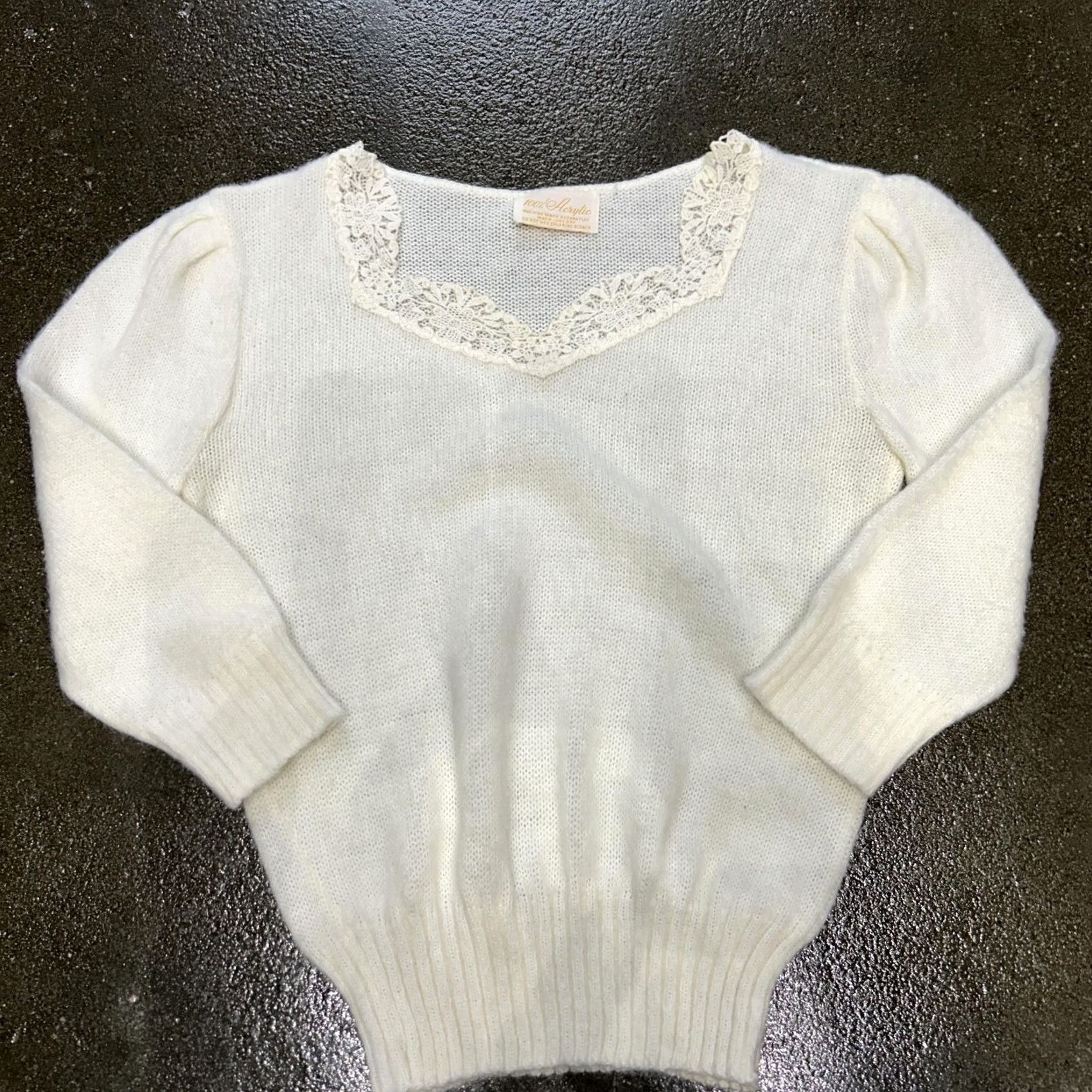 Vintage White Lace Trim Puff Sleeve V-Neck Knit Sweater Womens XS Pullover 3/4 Sleeve Solid White Size XS / US 0-2 / IT 36-38 - 2 Thumbnail