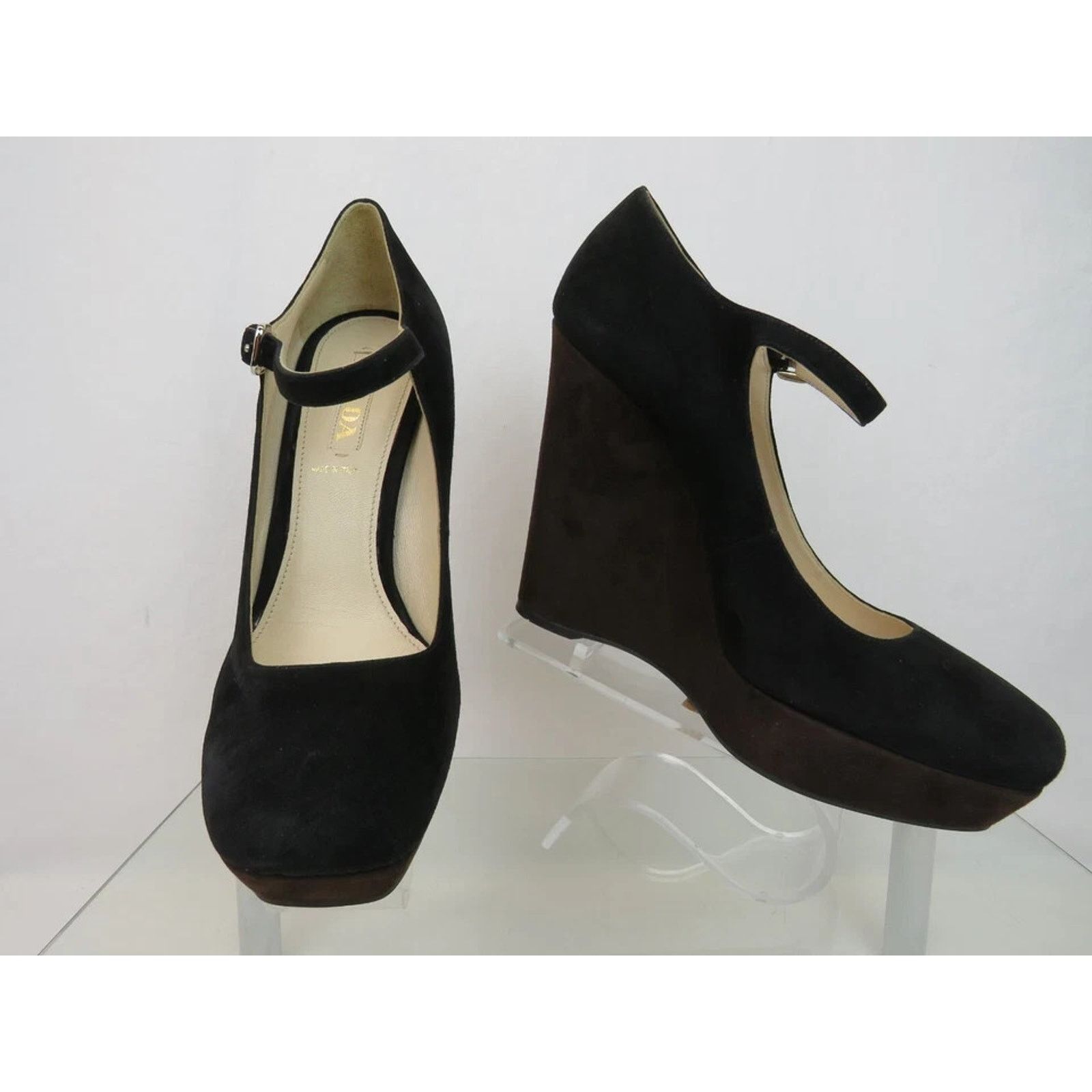 Prada NIB PRADA BLACK BROWN SUEDE WEDGE PLATFORM PUMPS 41 ITALY Size US 11 / IT 41 - 2 Thumbnail