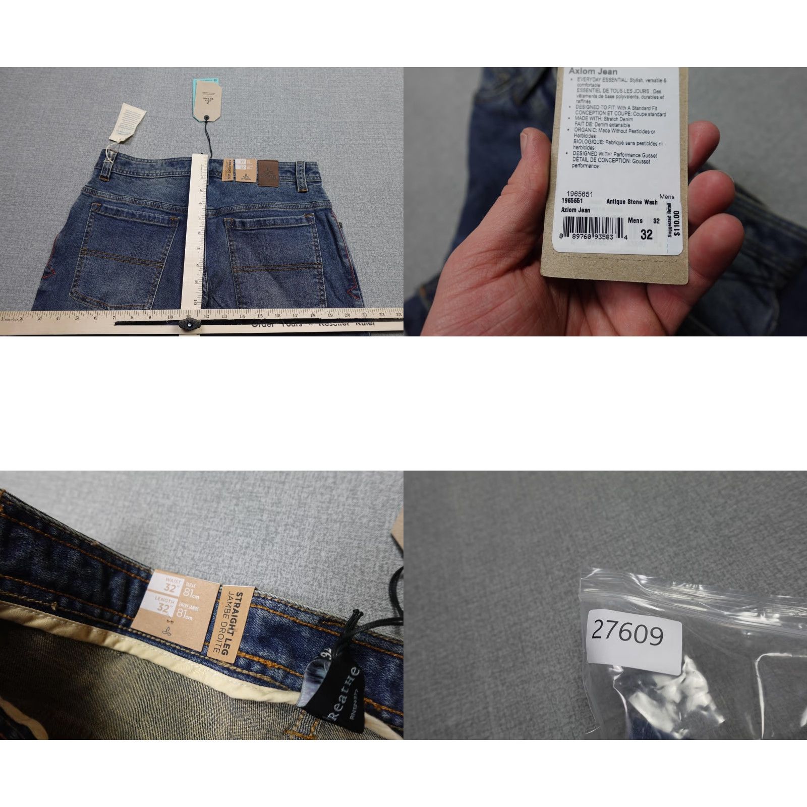 prAna Axiom Jeans Mens 32x32 Blue Antique Stone Wash Denim Straight Leg Stretch Jeans