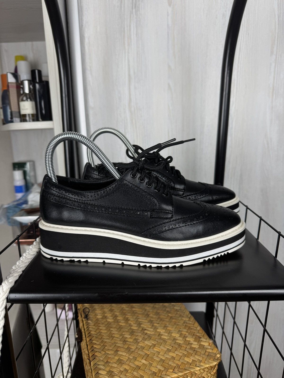 Prada Black Brogue Leather Derby Low Top Sneakers Size 37